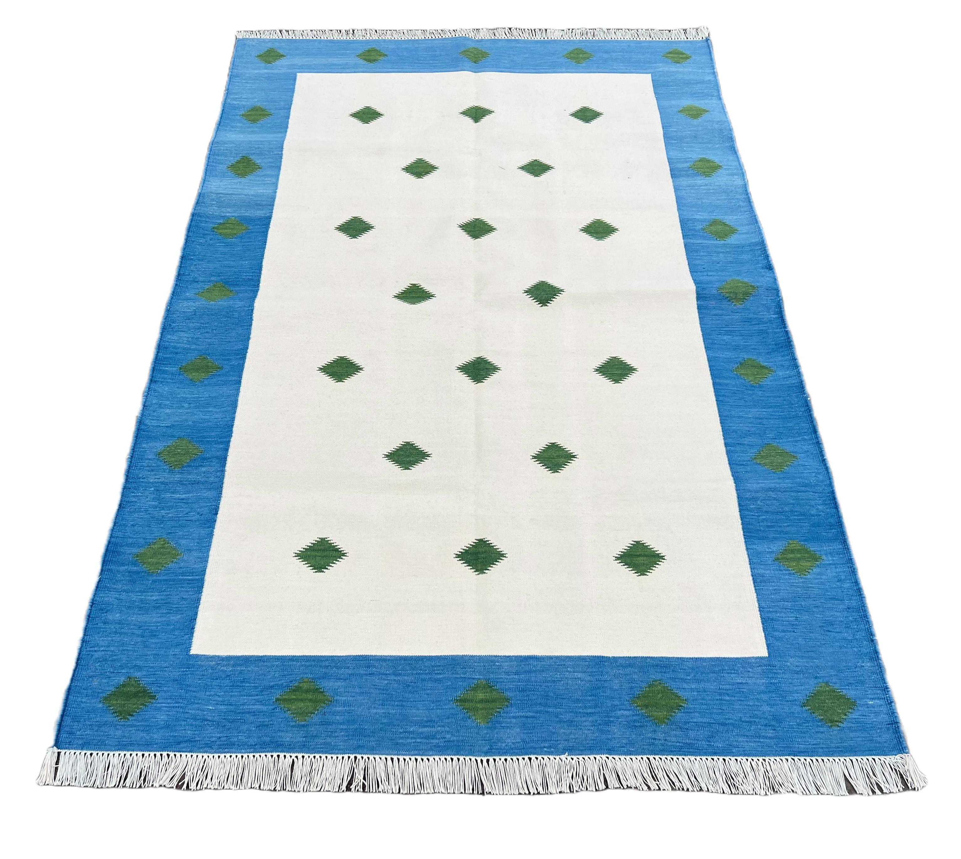 Contemporary Handmade Cotton Area Flat Weave Rug, 4x6 Cream And Blue Diamond Indian Dhurrie For Sale