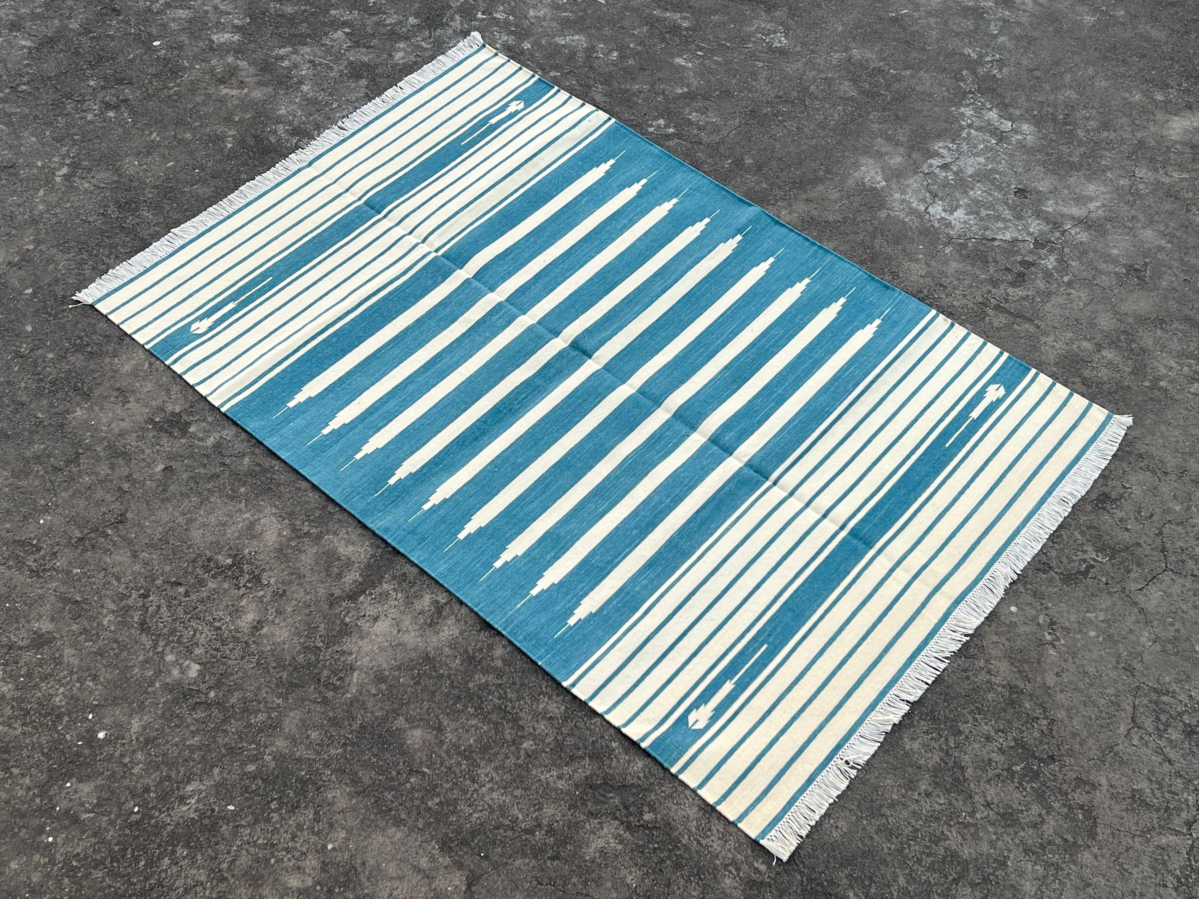 Handmade Cotton Area Flat Weave Rug, 4x6 Cream And Blue Striped Indian Dhurrie For Sale 4