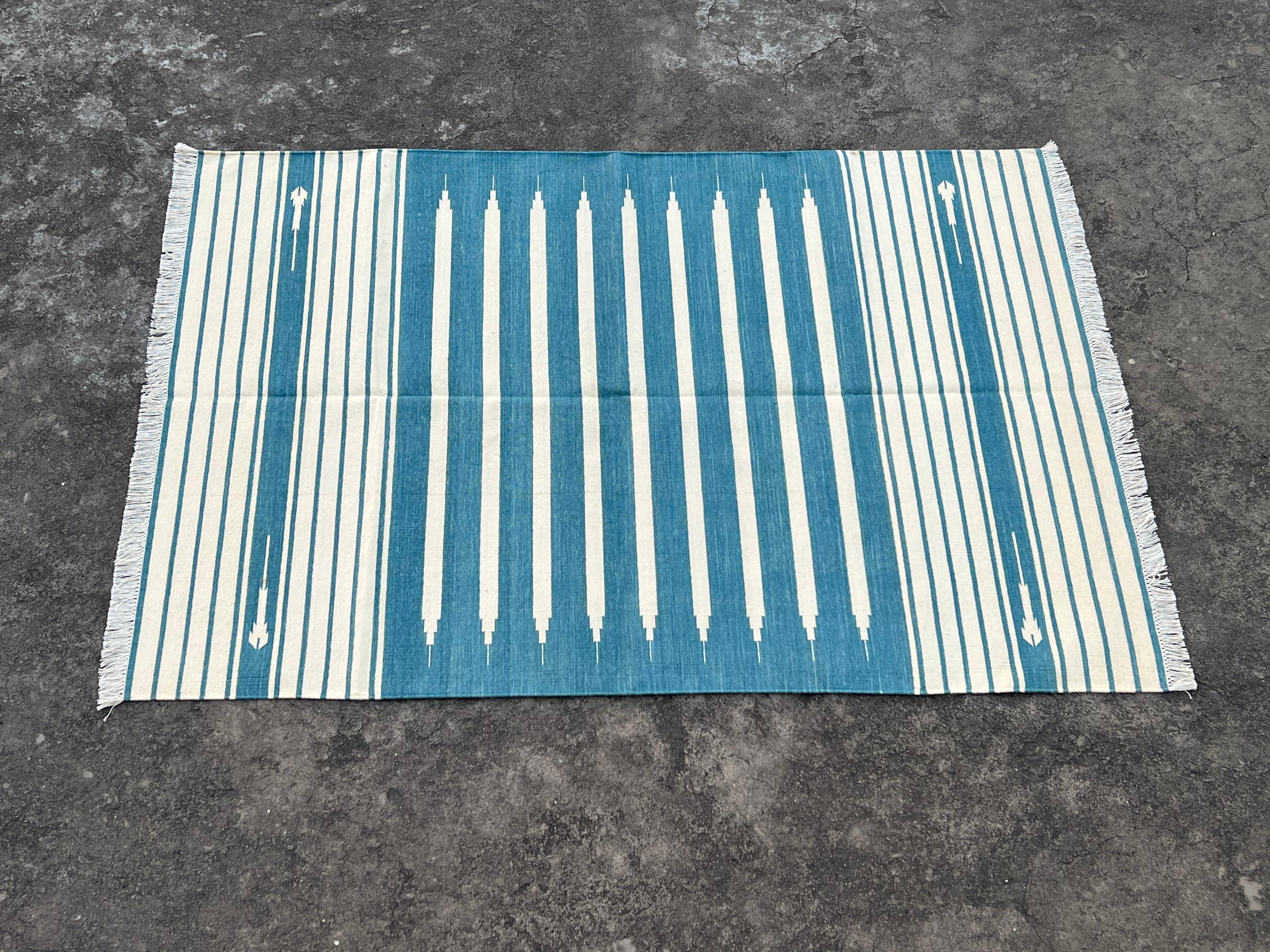 Handmade Cotton Area Flat Weave Rug, 4x6 Cream And Blue Striped Indian Dhurrie For Sale 5