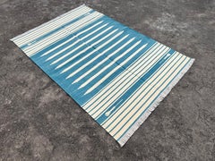 Handmade Cotton Area Flat Weave Rug, 4x6 Cream And Blue Striped Indian Dhurrie