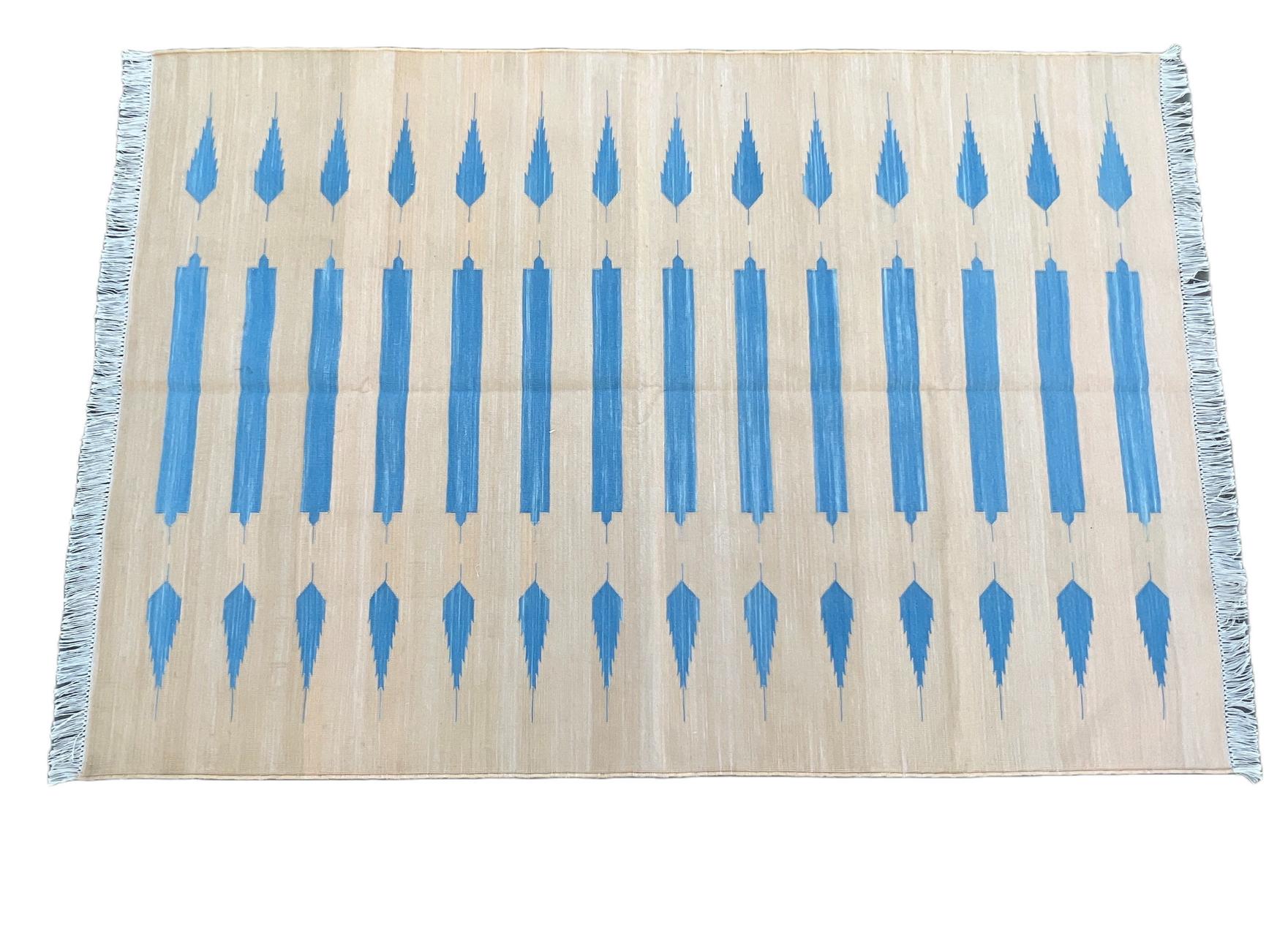 Mid-Century Modern Handmade Cotton Area Flat Weave Rug, 4x6 Cream And Blue Striped Indian Dhurrie For Sale