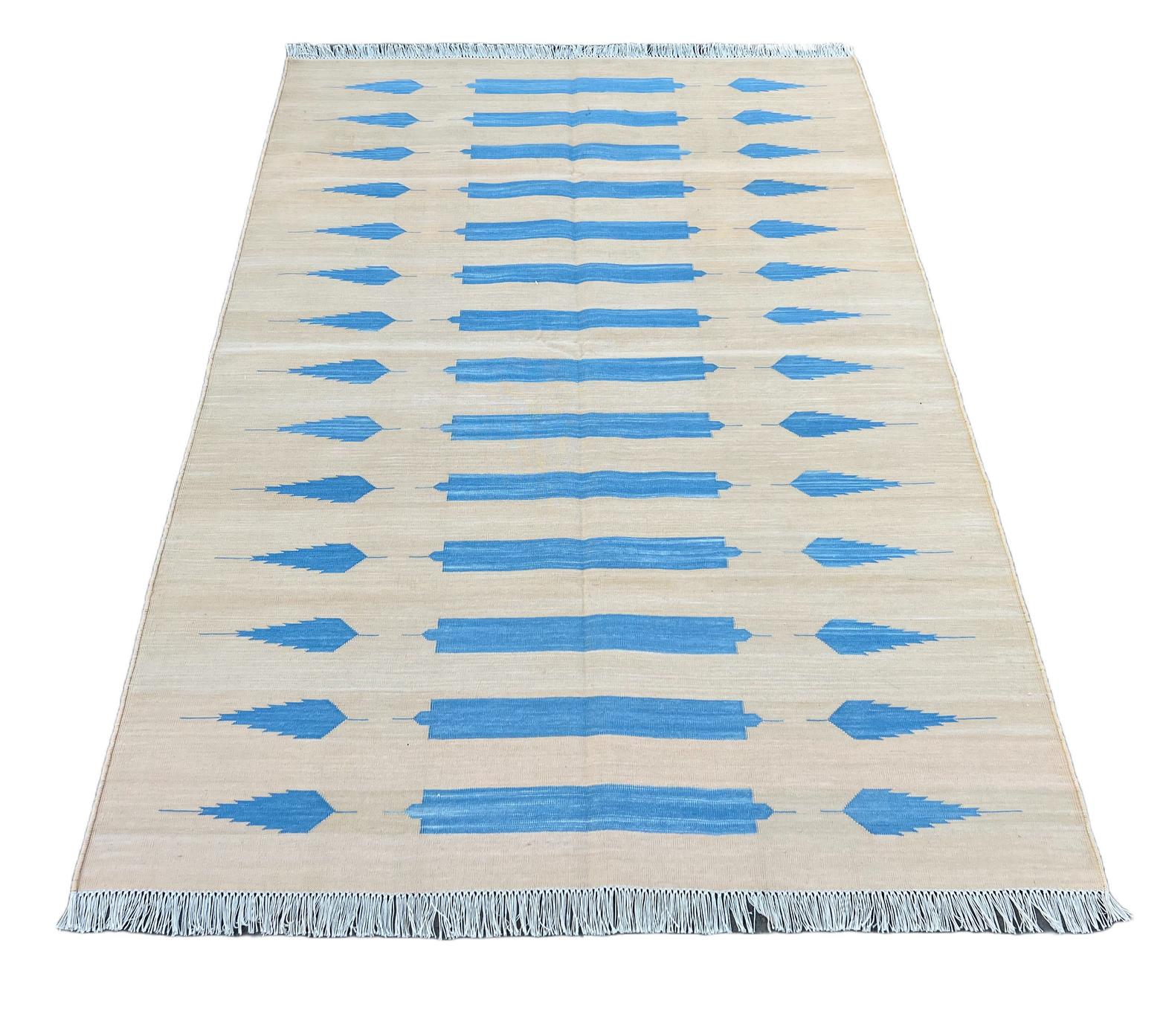 Hand-Woven Handmade Cotton Area Flat Weave Rug, 4x6 Cream And Blue Striped Indian Dhurrie For Sale