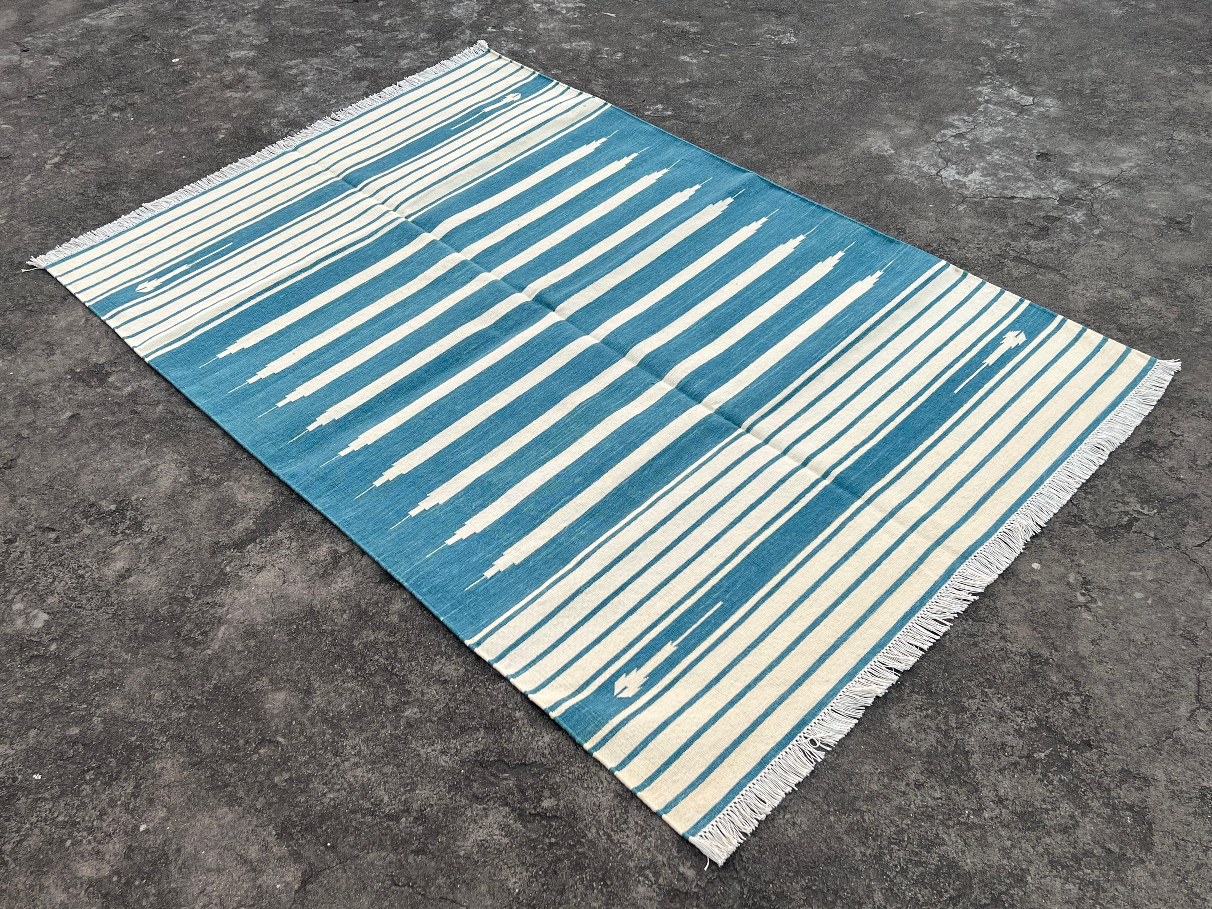 Handmade Cotton Area Flat Weave Rug, 4x6 Cream And Blue Striped Indian Dhurrie For Sale 3