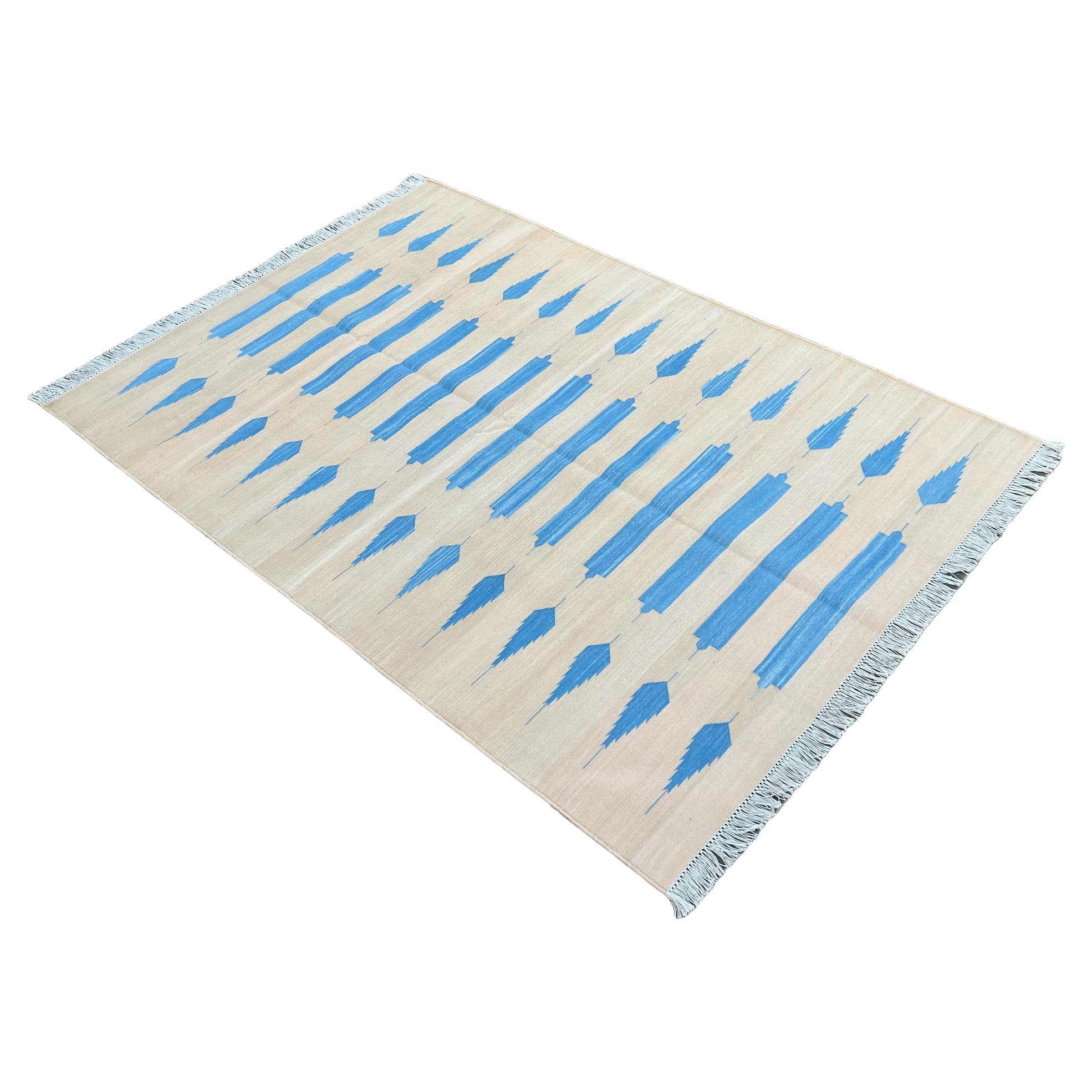 Handmade Cotton Area Flat Weave Rug, 4x6 Cream And Blue Striped Indian Dhurrie For Sale