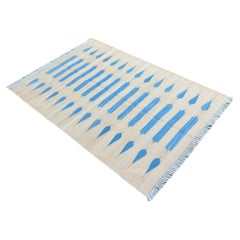 Handmade Cotton Area Flat Weave Rug, 4x6 Cream And Blue Striped Indian Dhurrie