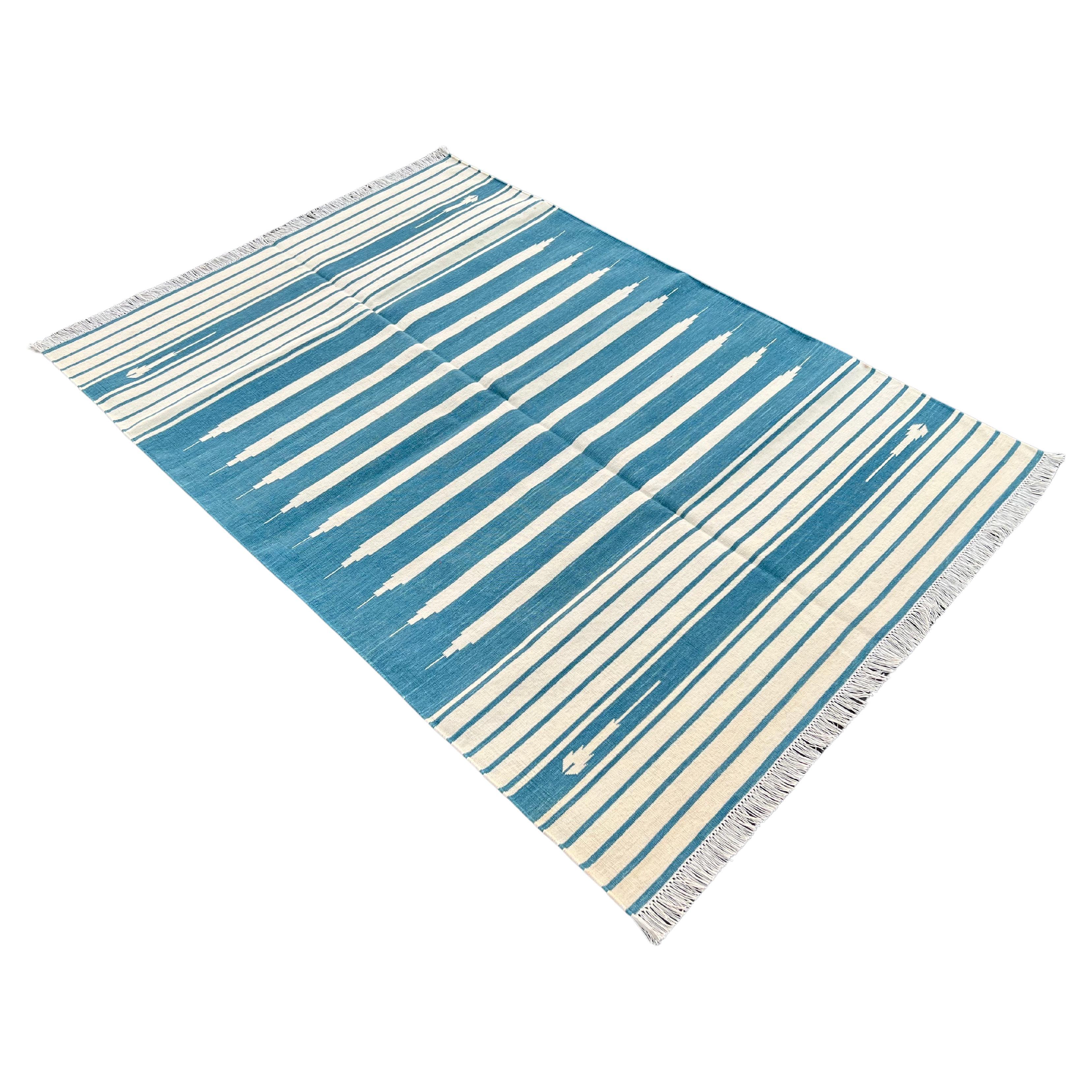 Handmade Cotton Area Flat Weave Rug, 4x6 Cream And Blue Striped Indian Dhurrie For Sale