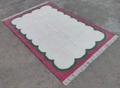 Handmade Cotton Area Flat Weave Rug, 4x6 Cream And Pink Scalloped Indian Dhurrie