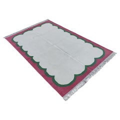 Handmade Cotton Area Flat Weave Rug, 4x6 Cream And Pink Scalloped Indian Dhurrie