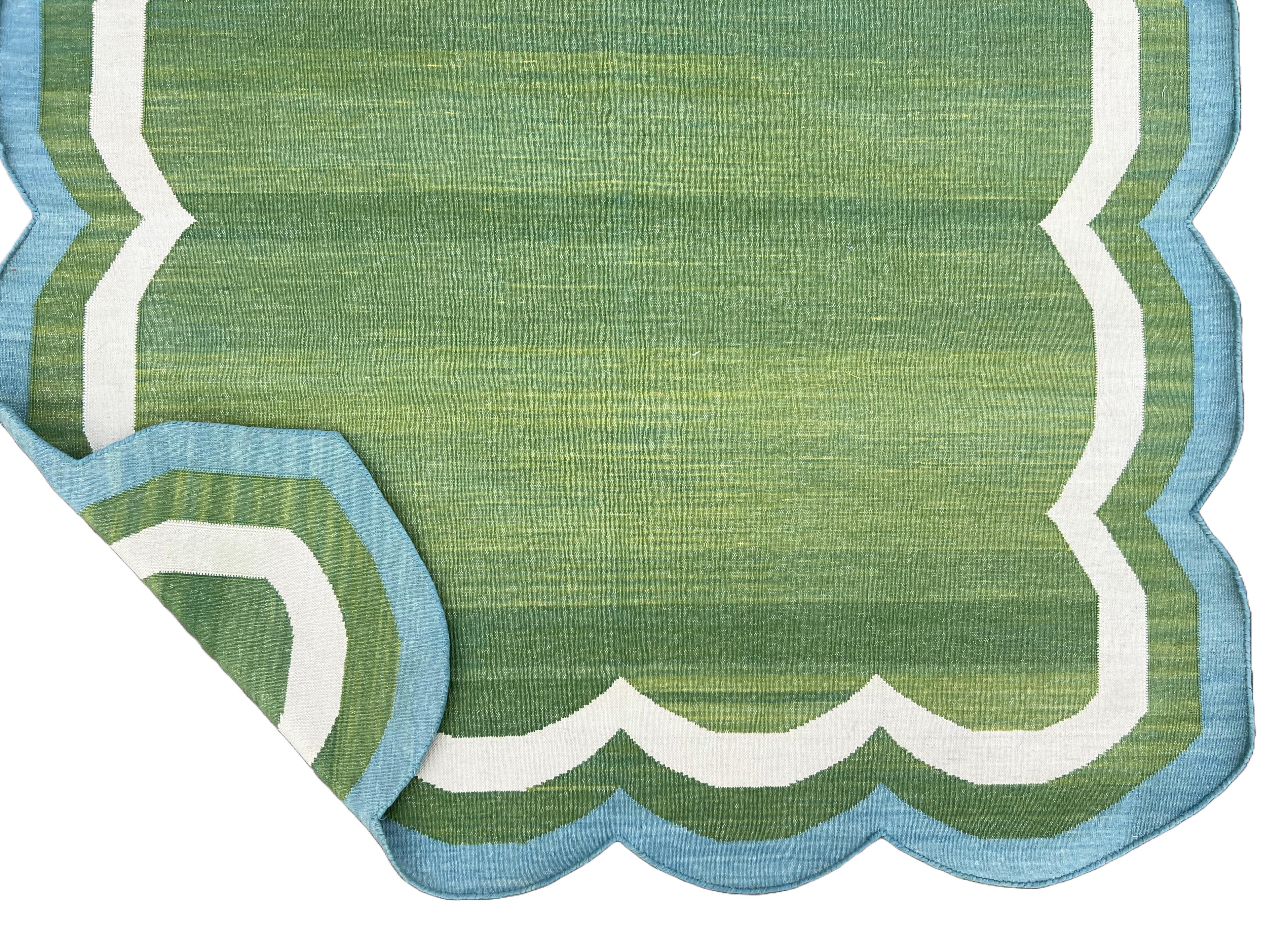 Mid-Century Modern Handmade Cotton Area Flat Weave Rug, 4x6 Green And Blue Scalloped Indian Dhurrie