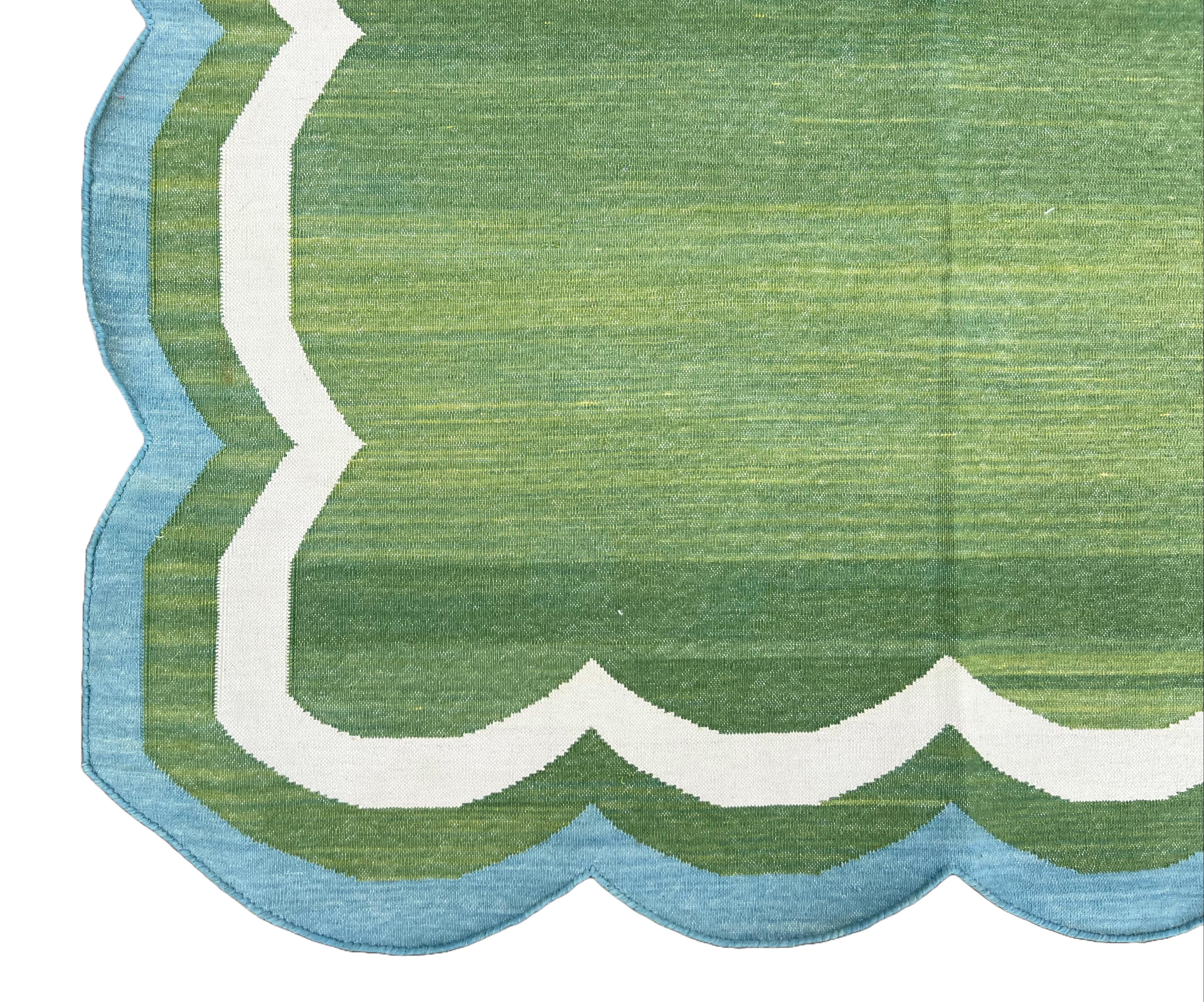 Hand-Woven Handmade Cotton Area Flat Weave Rug, 4x6 Green And Blue Scalloped Indian Dhurrie