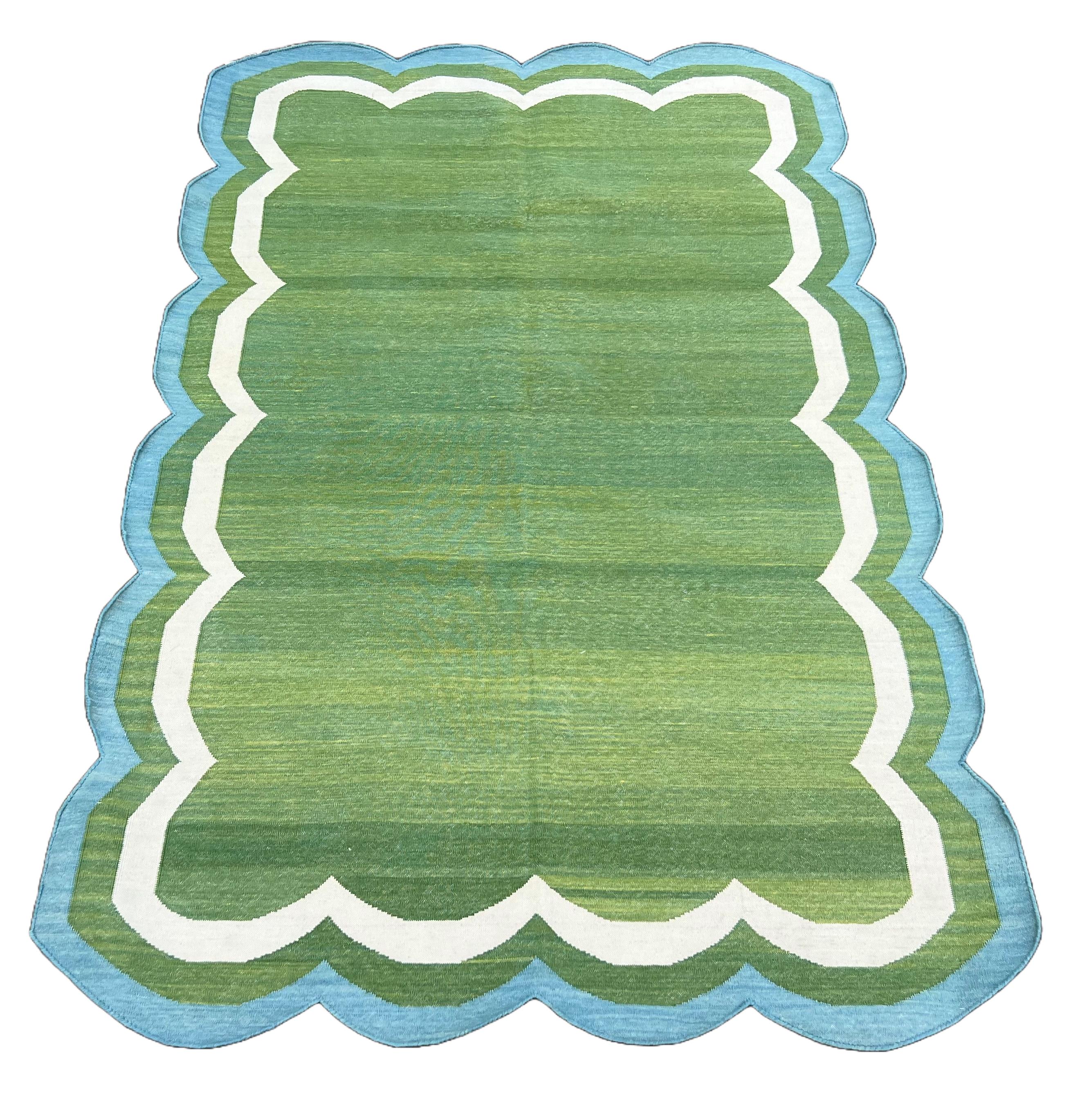 Contemporary Handmade Cotton Area Flat Weave Rug, 4x6 Green And Blue Scalloped Indian Dhurrie