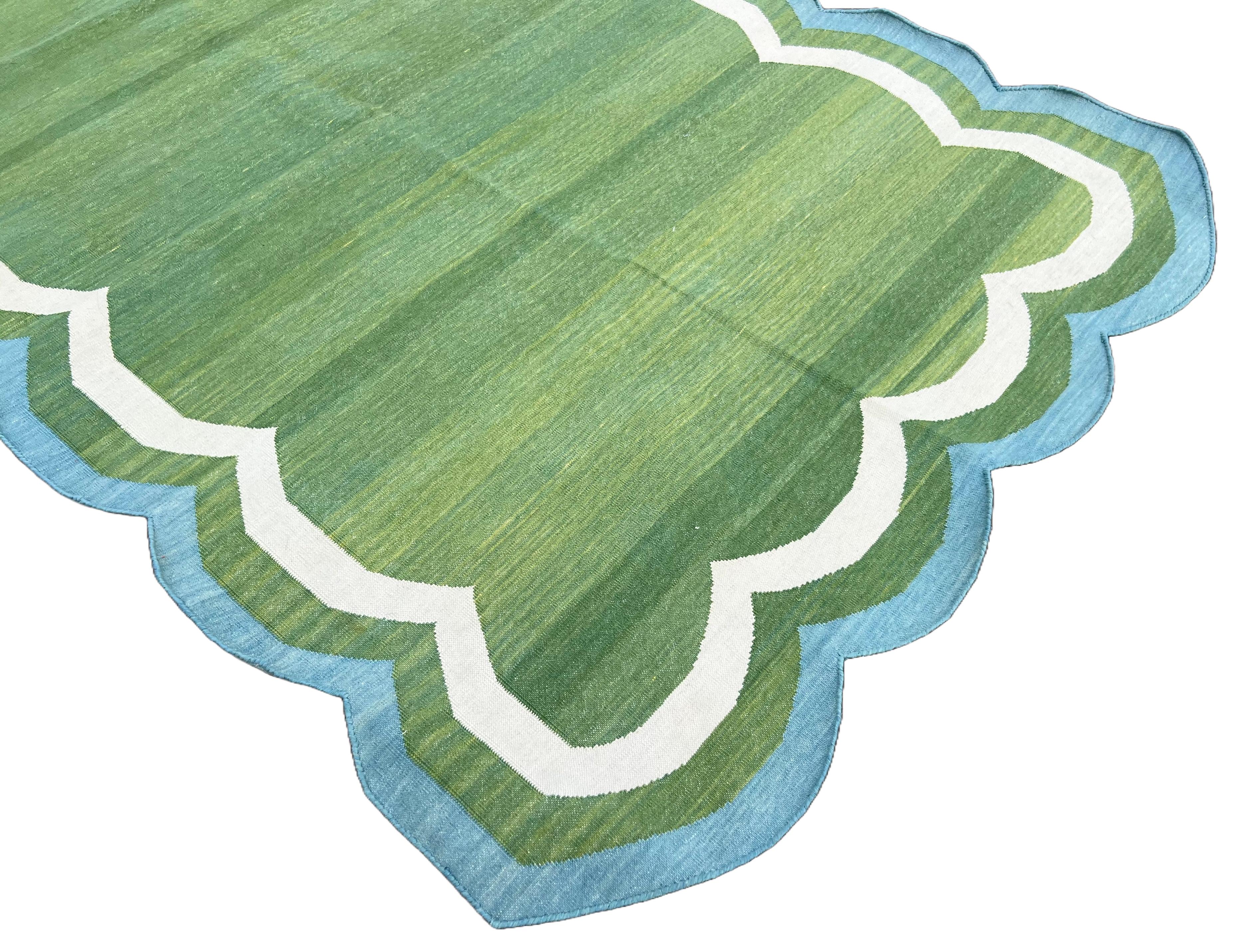 Handmade Cotton Area Flat Weave Rug, 4x6 Green And Blue Scalloped Indian Dhurrie 2