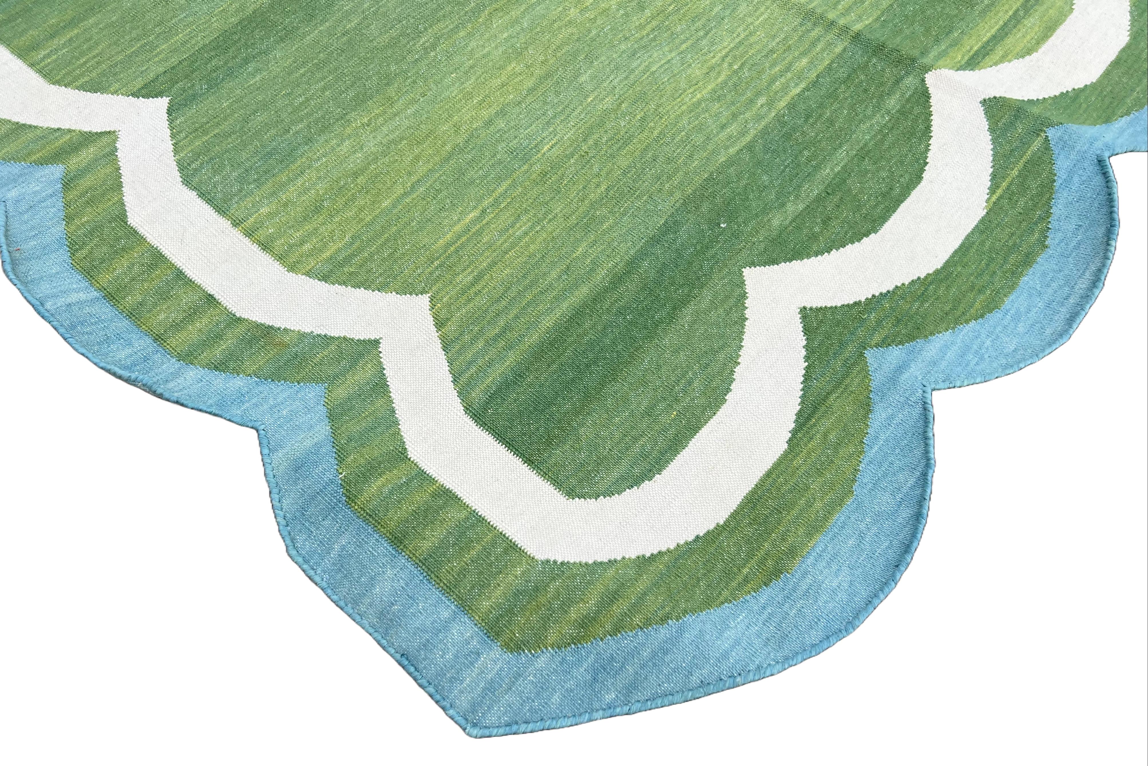 Handmade Cotton Area Flat Weave Rug, 4x6 Green And Blue Scalloped Indian Dhurrie 3