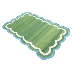 Handmade Cotton Area Flat Weave Rug, 4x6 Green And Blue Scalloped Indian Dhurrie