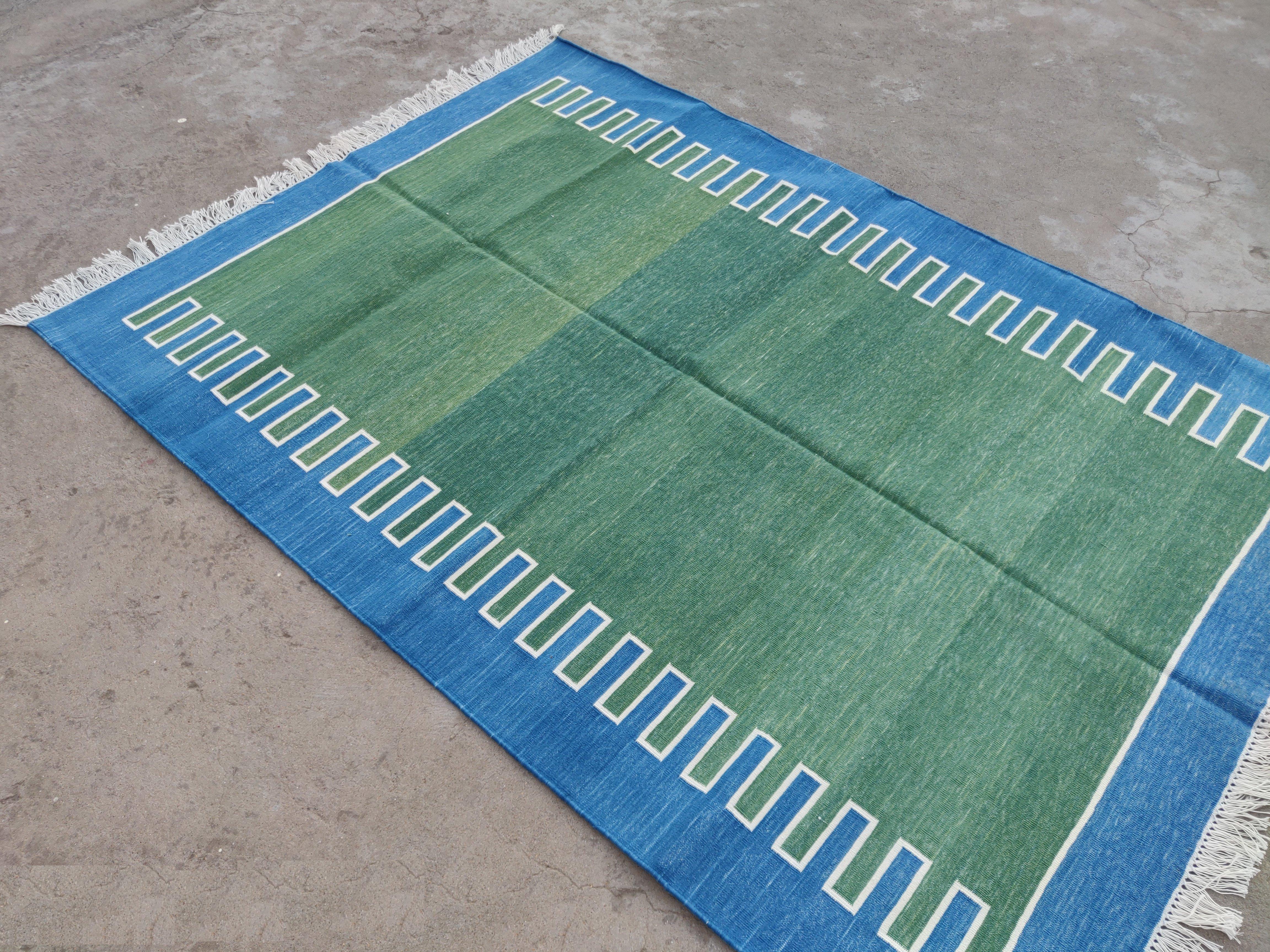 Handmade Cotton Area Flat Weave Rug, 4x6 Green And Blue Striped Indian Dhurrie For Sale 4