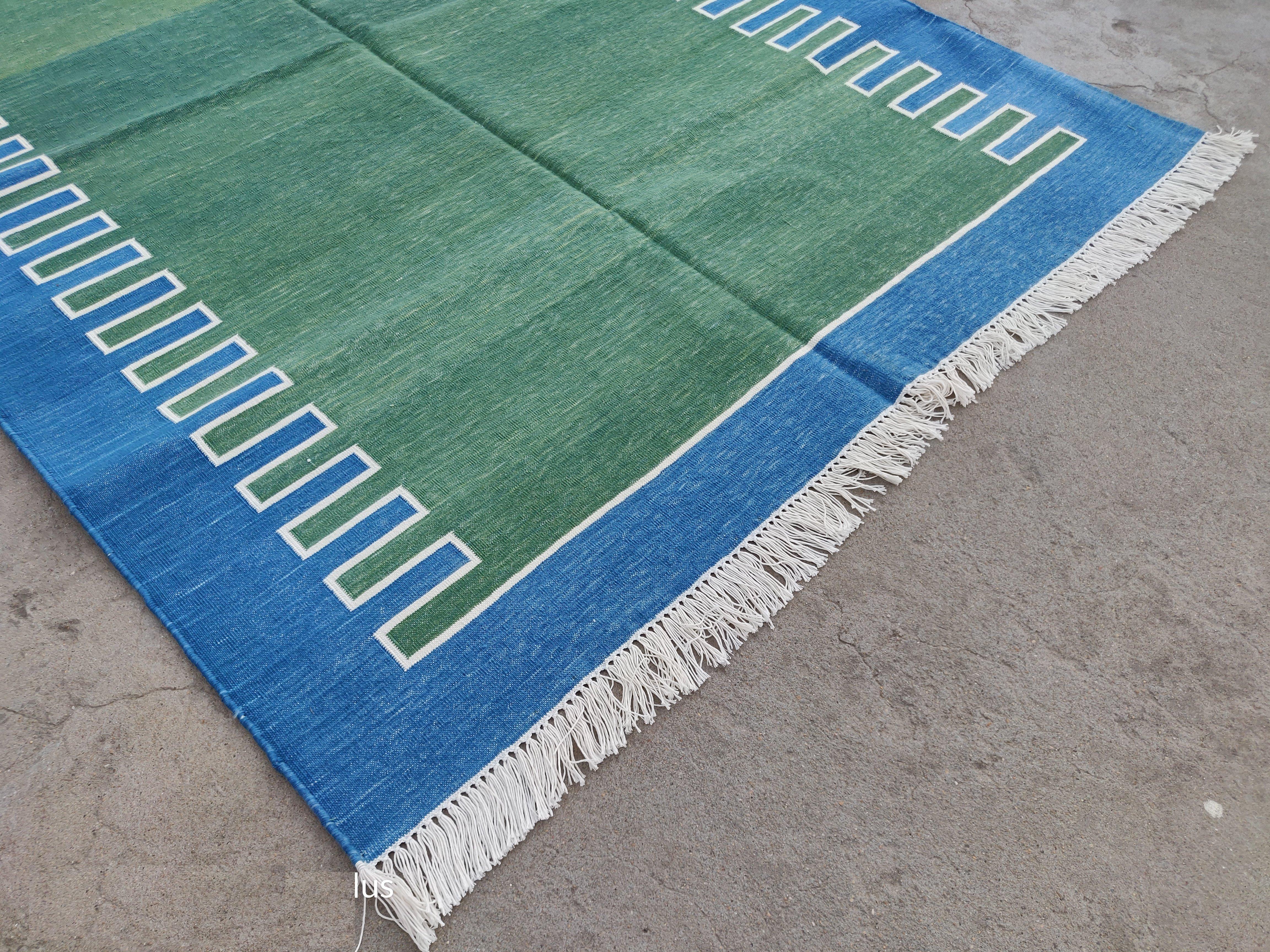 Mid-Century Modern Handmade Cotton Area Flat Weave Rug, 4x6 Green And Blue Striped Indian Dhurrie For Sale