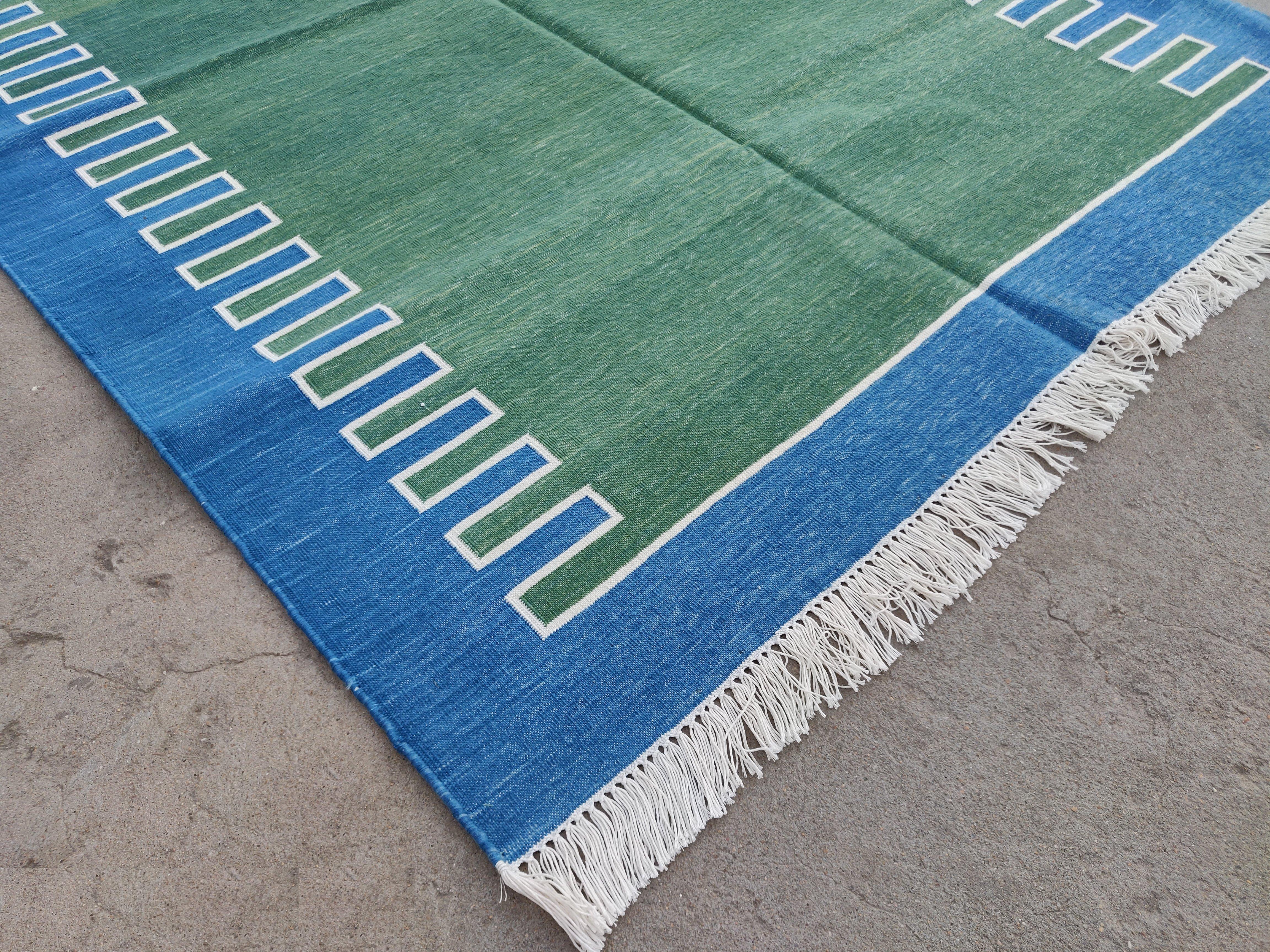 Hand-Woven Handmade Cotton Area Flat Weave Rug, 4x6 Green And Blue Striped Indian Dhurrie For Sale