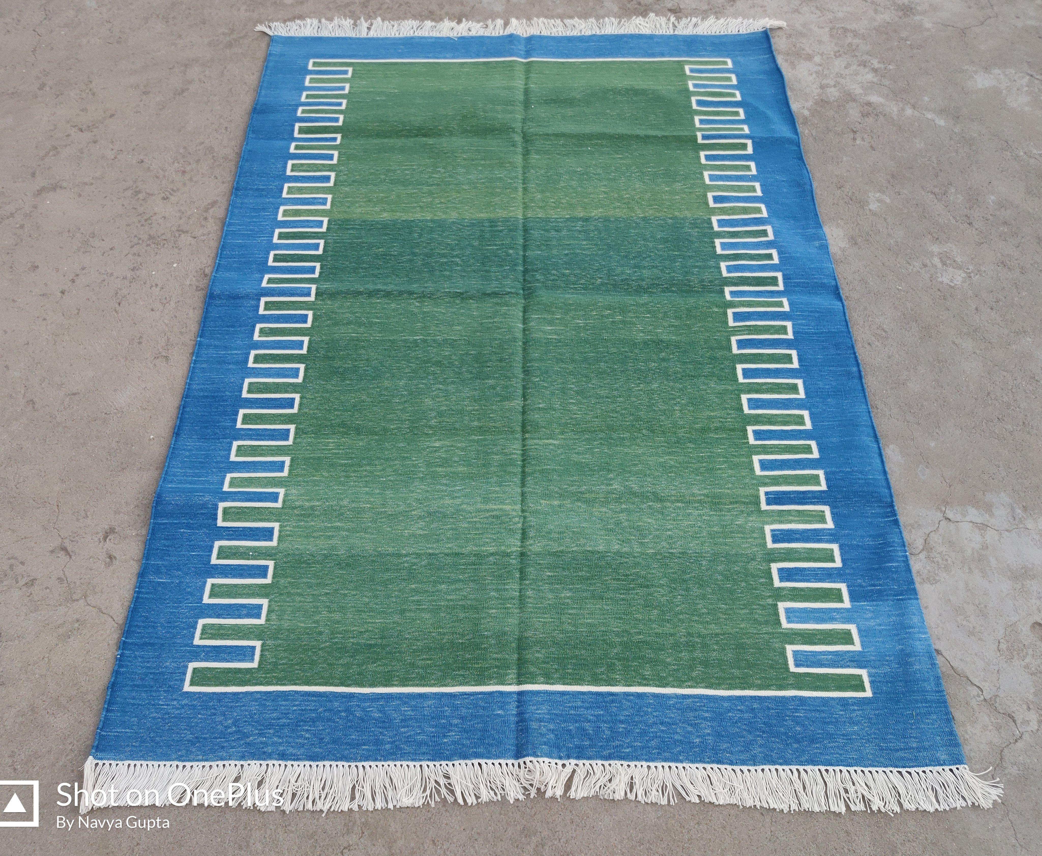Handmade Cotton Area Flat Weave Rug, 4x6 Green And Blue Striped Indian Dhurrie In New Condition For Sale In Jaipur, IN