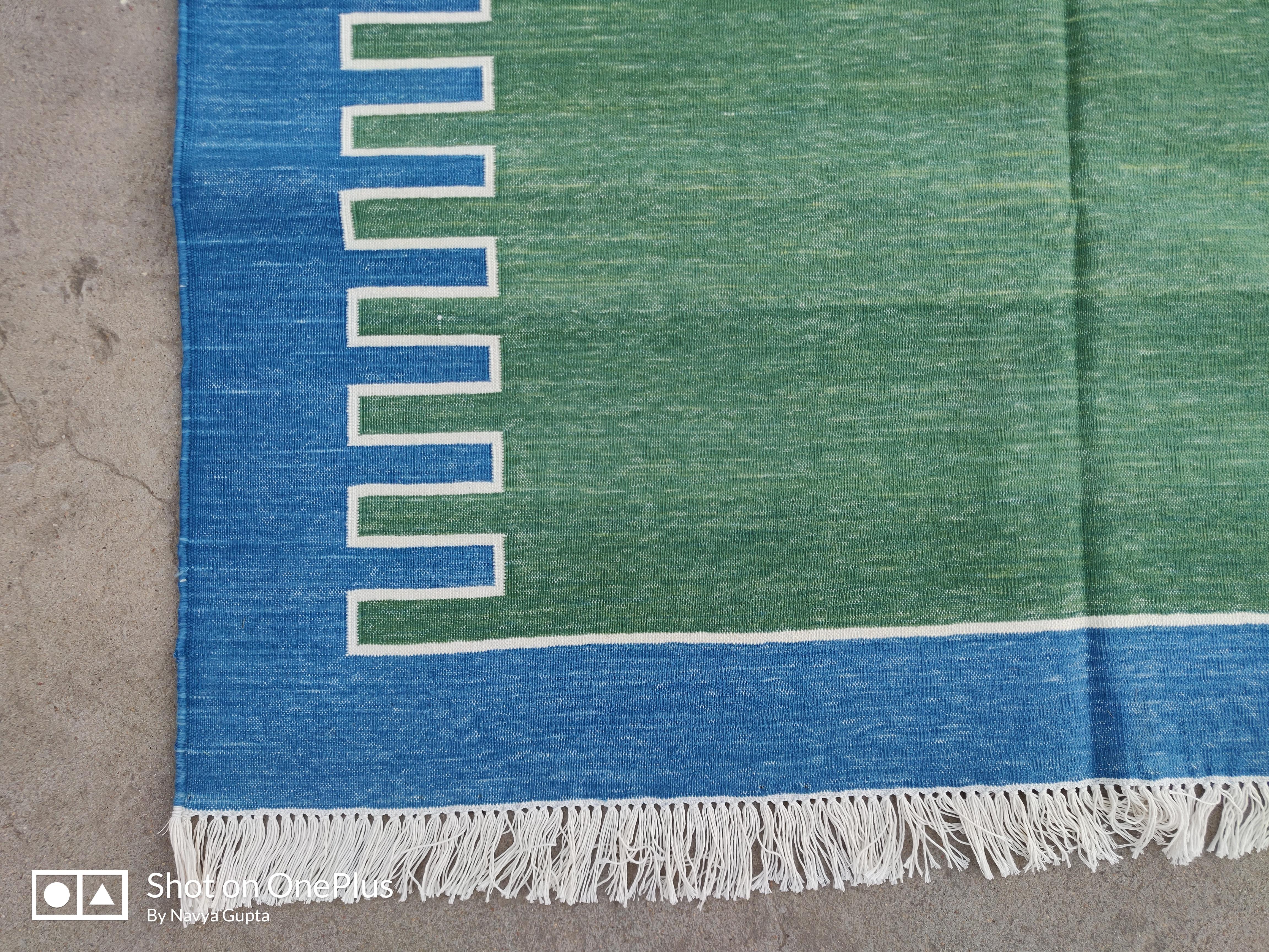 Handmade Cotton Area Flat Weave Rug, 4x6 Green And Blue Striped Indian Dhurrie For Sale 1
