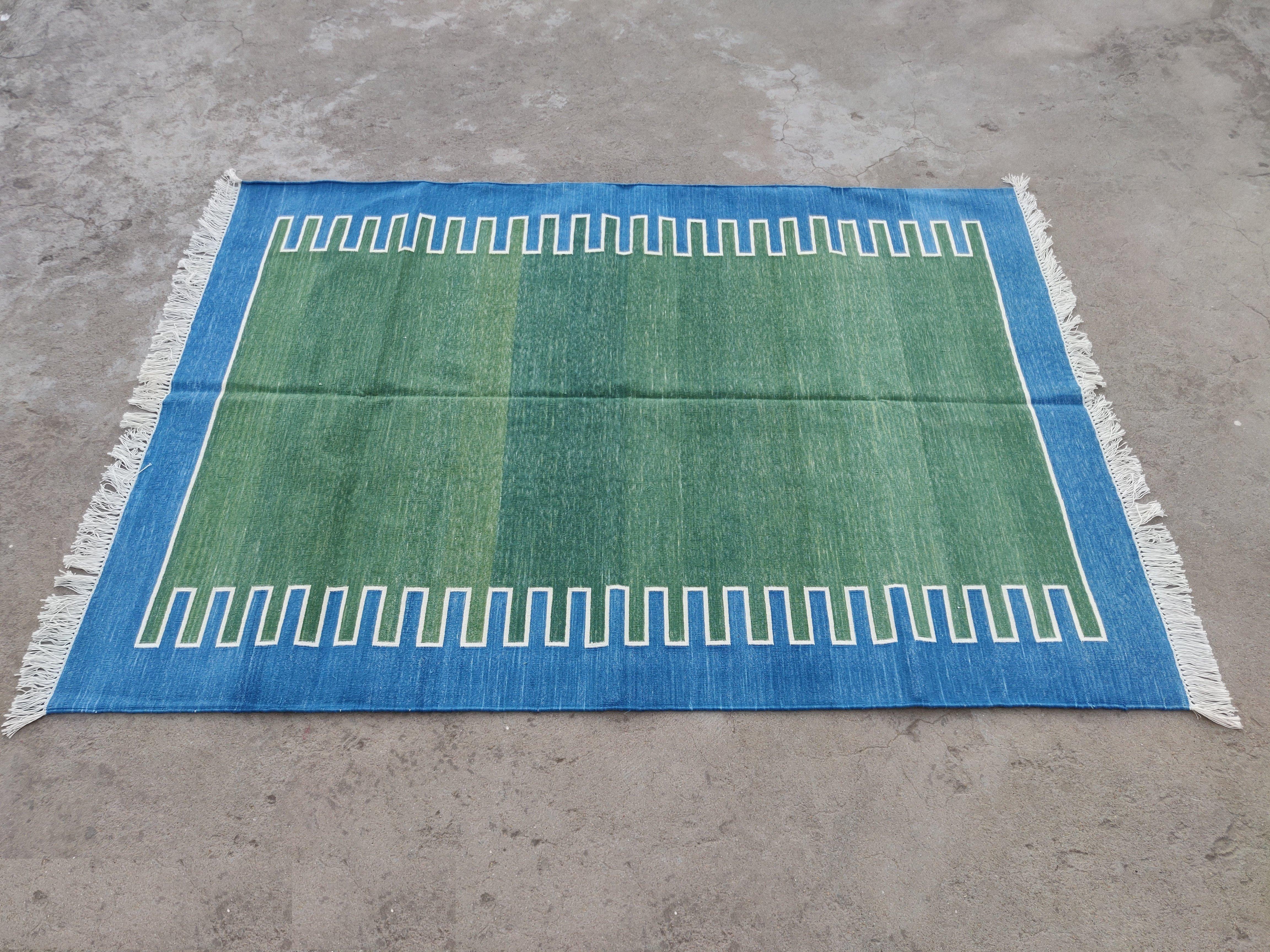 Handmade Cotton Area Flat Weave Rug, 4x6 Green And Blue Striped Indian Dhurrie For Sale 3