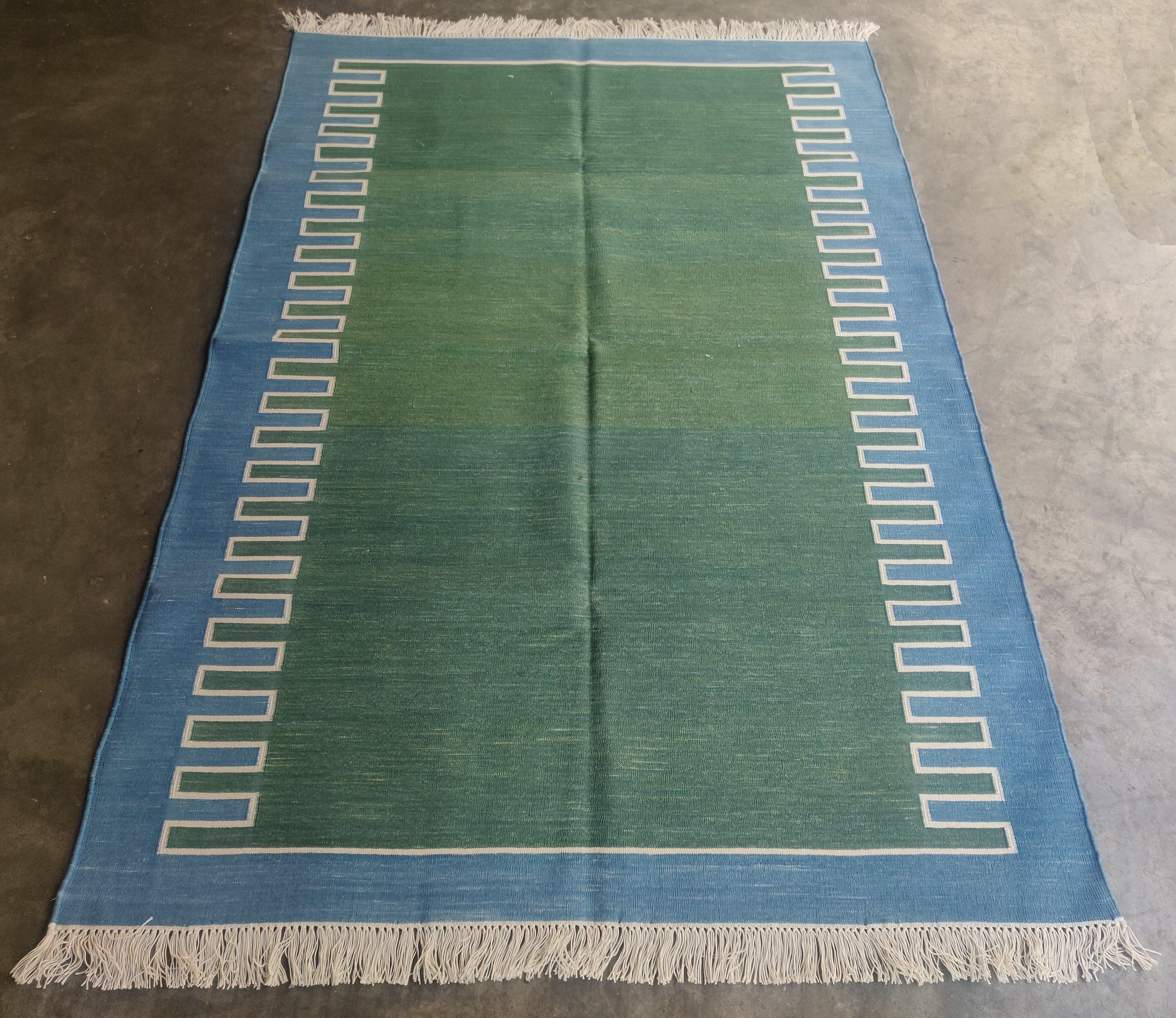 Indian Handmade Cotton Area Flat Weave Rug, 4x6 Green And Blue Zig Zag Striped Dhurrie For Sale