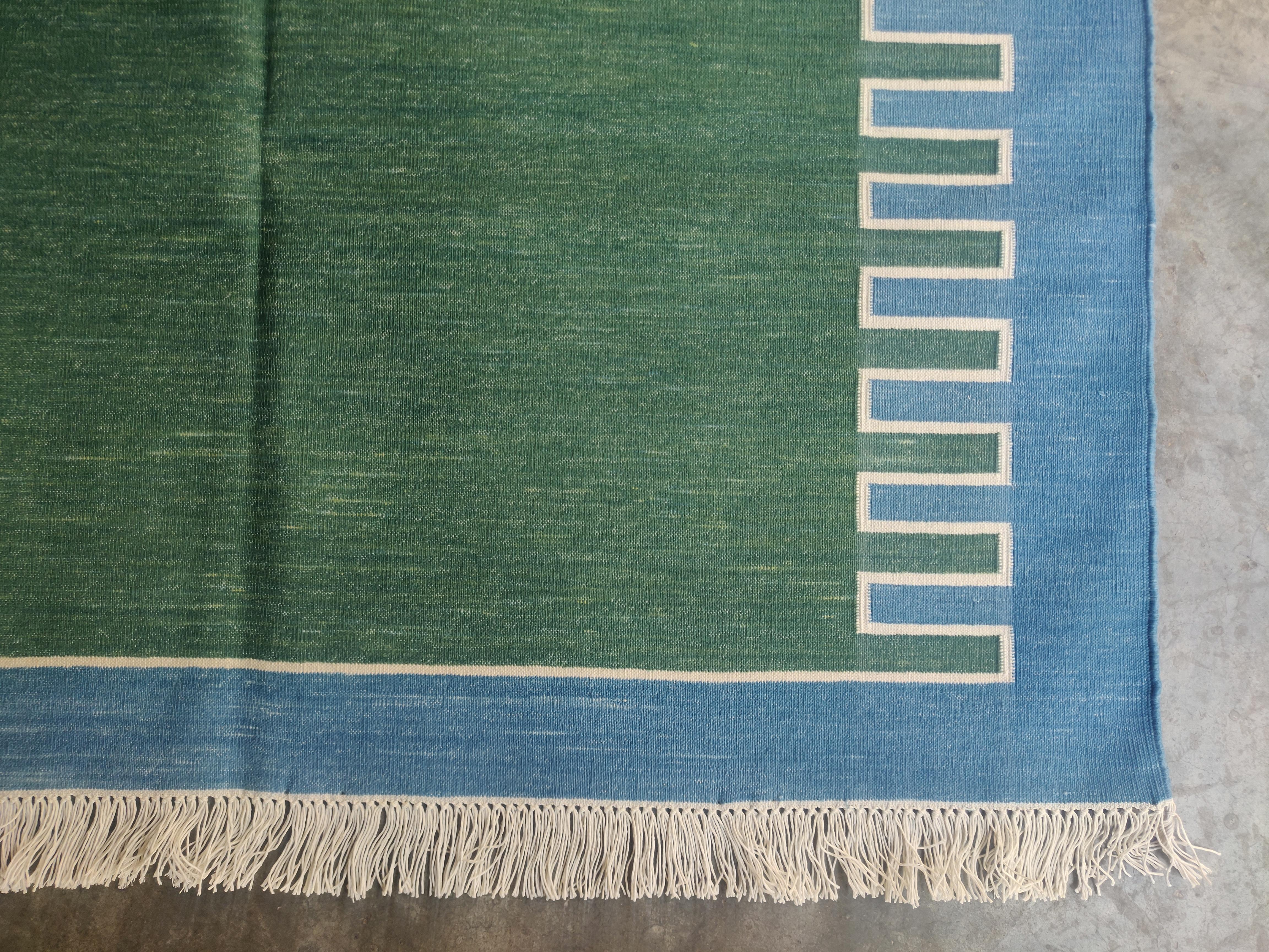 Hand-Woven Handmade Cotton Area Flat Weave Rug, 4x6 Green And Blue Zig Zag Striped Dhurrie For Sale