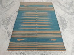 Handmade Cotton Area Flat Weave Rug, 4x6 Green And Brown Striped Indian Dhurrie