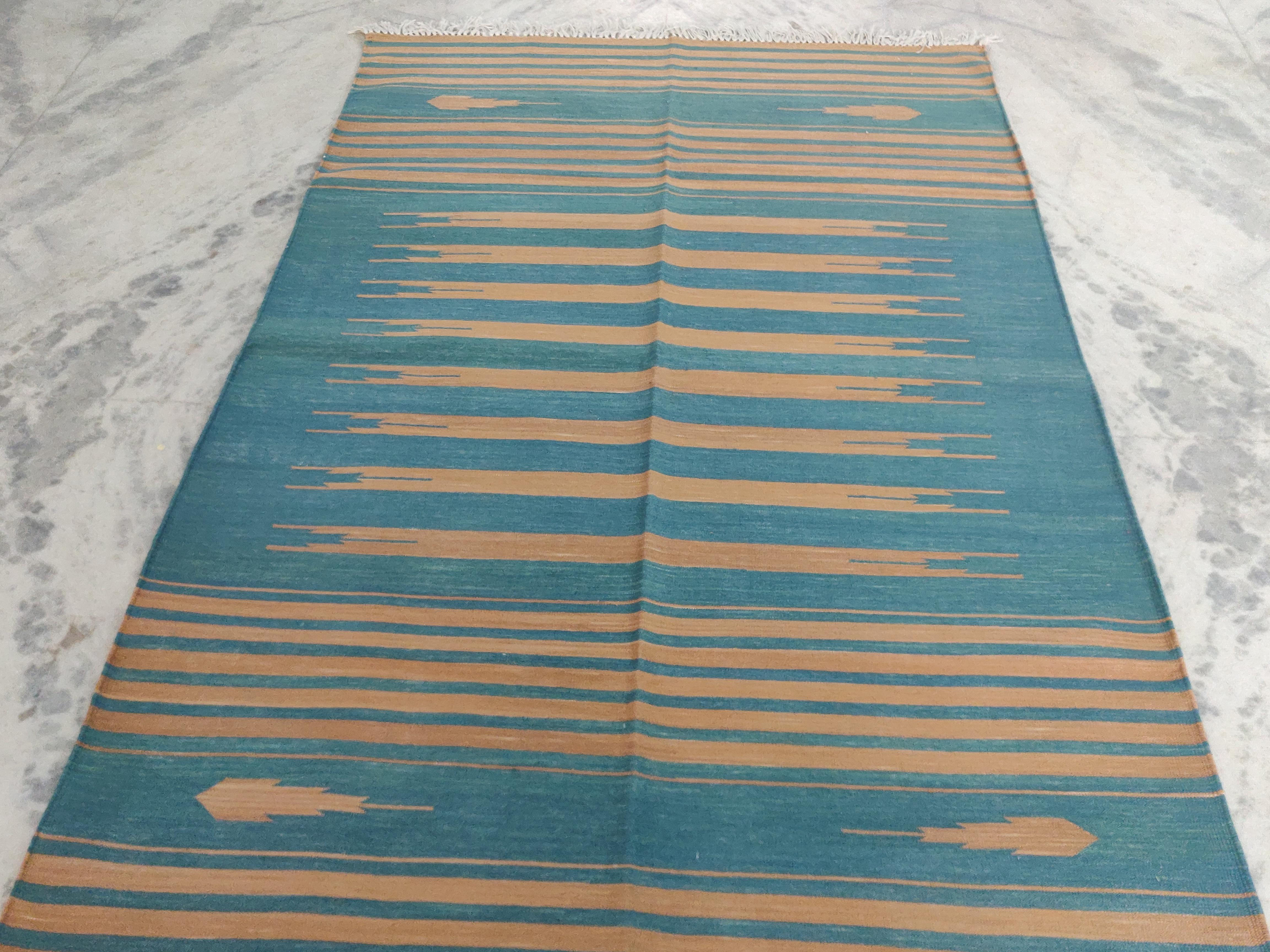 Handmade Cotton Area Flat Weave Rug, 4x6 Green And Brown Striped Indian Dhurrie In New Condition For Sale In Jaipur, IN