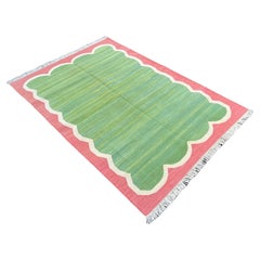 Handmade Cotton Area Flat Weave Rug, 4x6 Green And Coral Scallop Indian Dhurrie