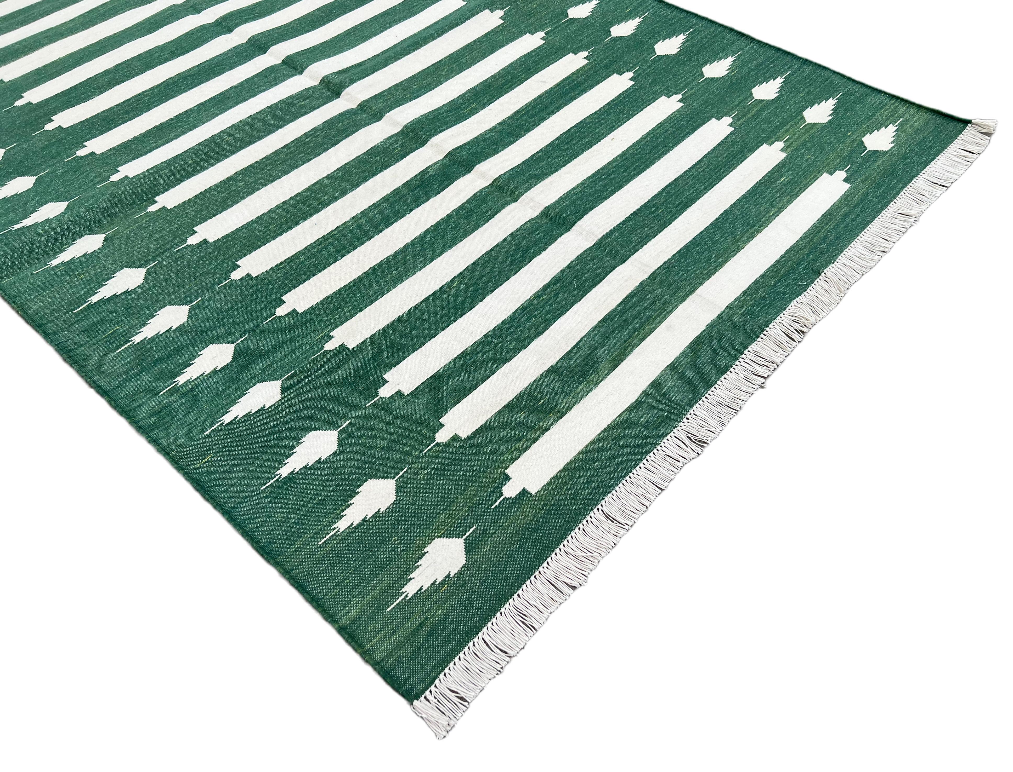 Hand-Woven Handmade Cotton Area Flat Weave Rug, 4x6 Green And White Striped Indian Dhurrie For Sale