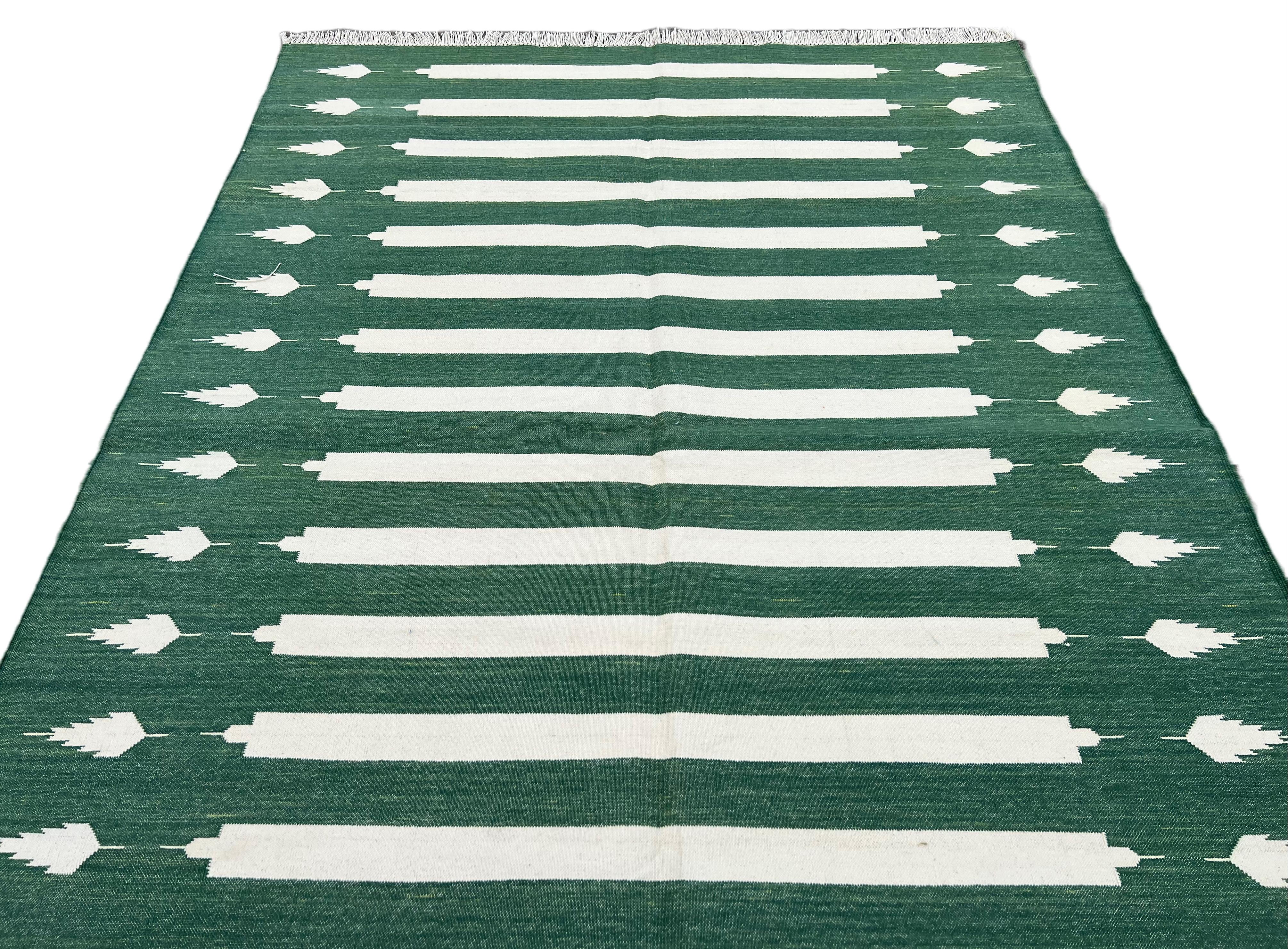 Handmade Cotton Area Flat Weave Rug, 4x6 Green And White Striped Indian Dhurrie For Sale 1