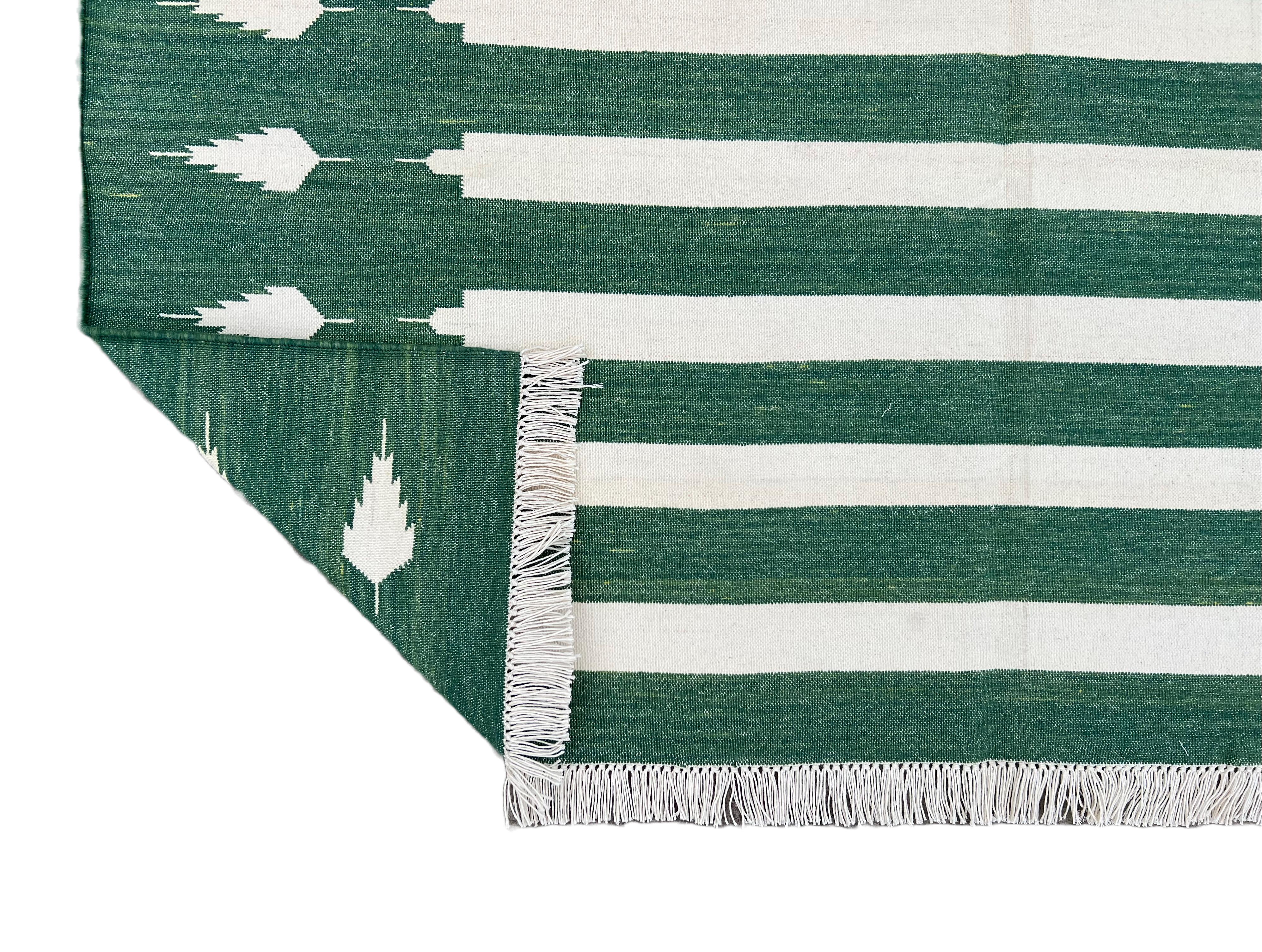 Handmade Cotton Area Flat Weave Rug, 4x6 Green And White Striped Indian Dhurrie For Sale 3