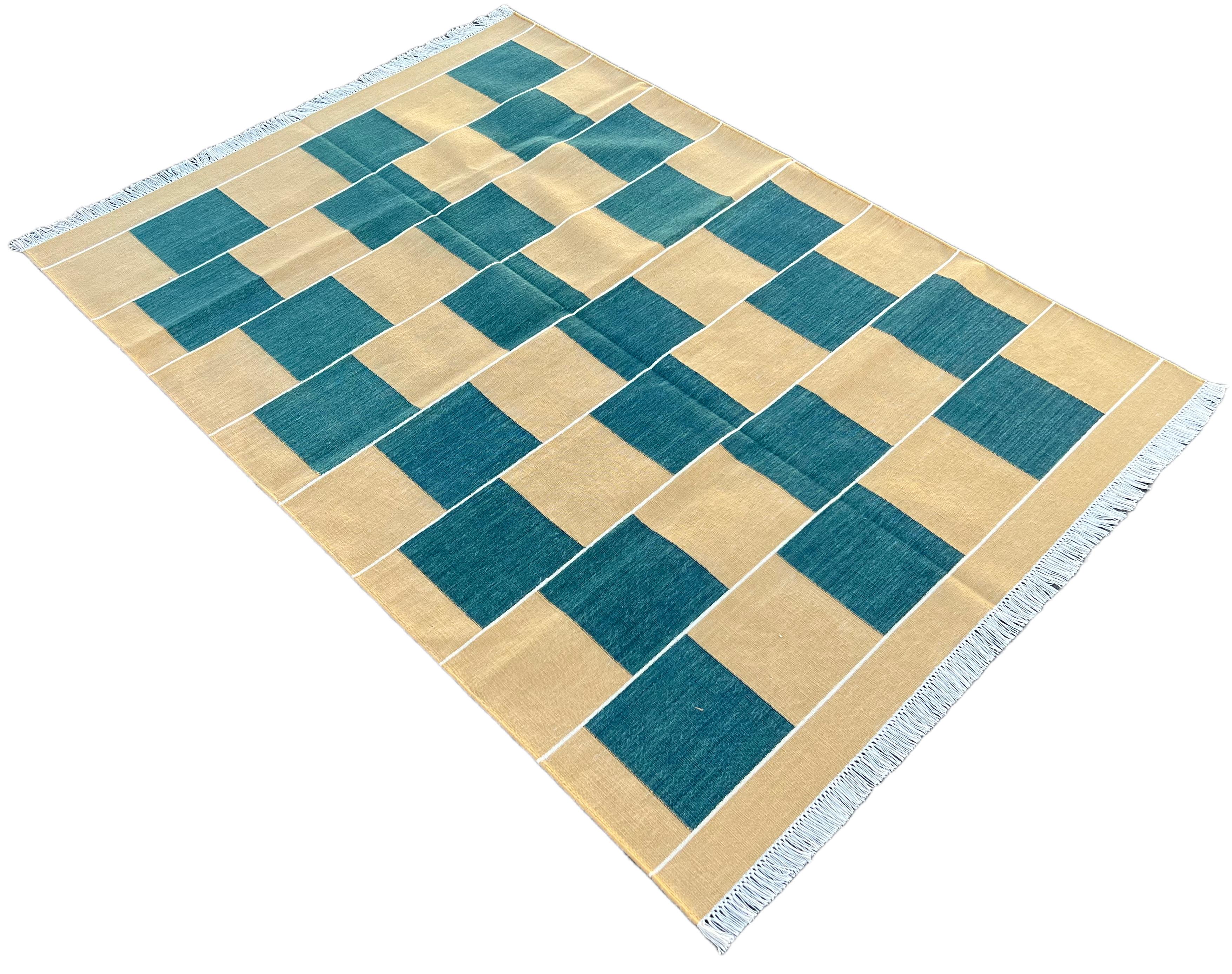 Handmade Cotton Area Flat Weave Rug, 4x6 Green And Yellow Checked Indian Dhurrie For Sale 4