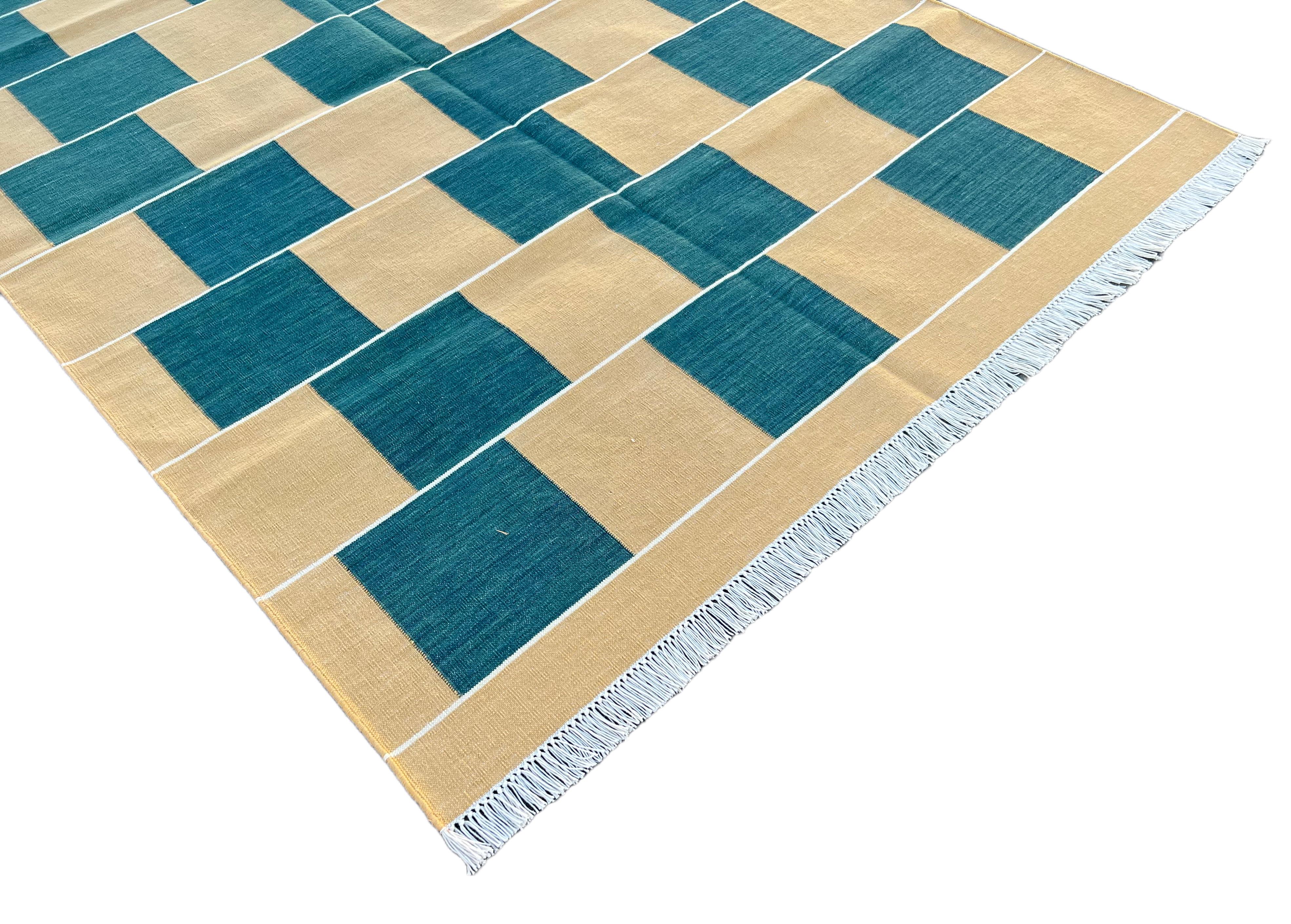Mid-Century Modern Handmade Cotton Area Flat Weave Rug, 4x6 Green And Yellow Checked Indian Dhurrie For Sale