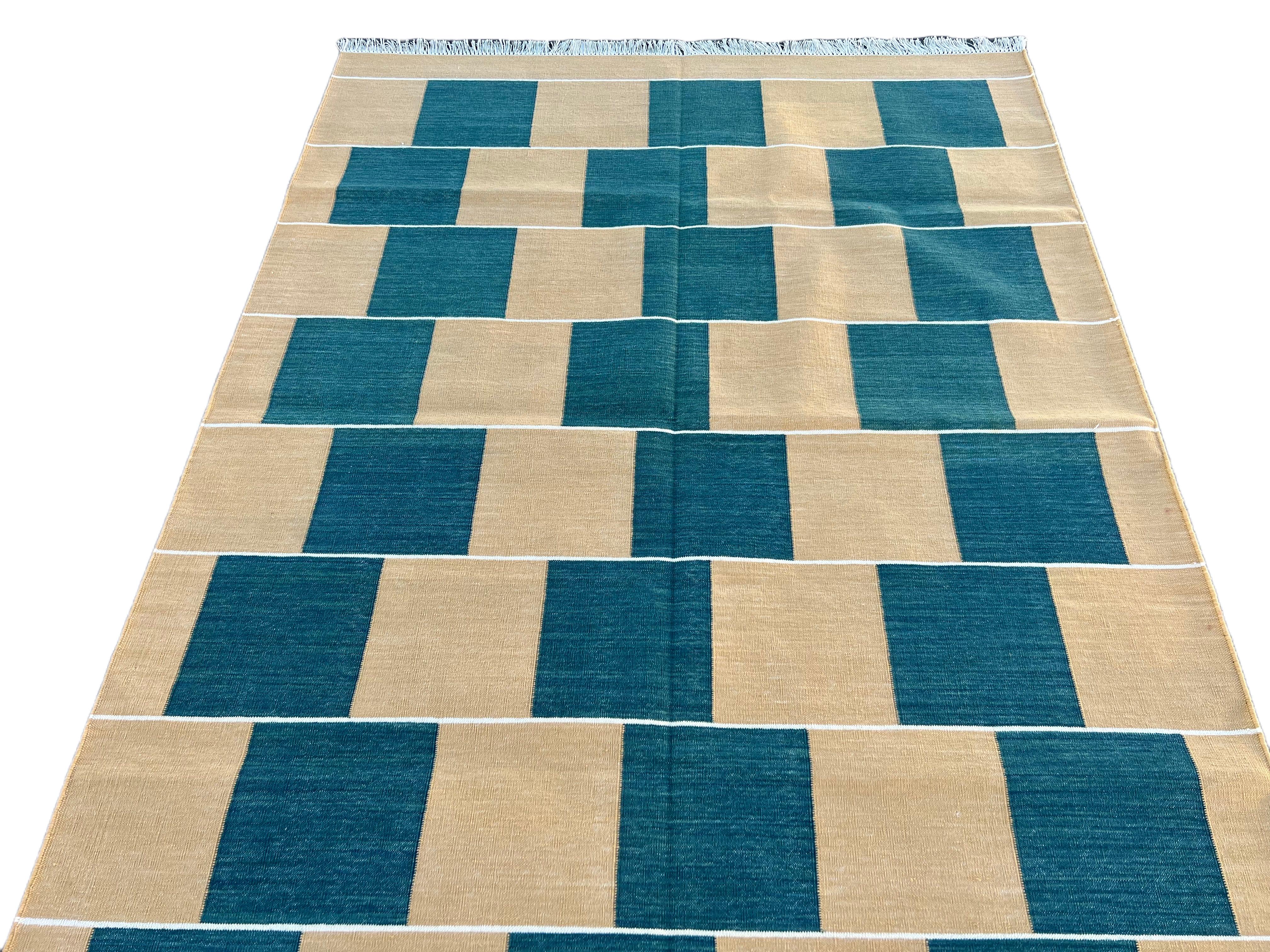 Contemporary Handmade Cotton Area Flat Weave Rug, 4x6 Green And Yellow Checked Indian Dhurrie For Sale