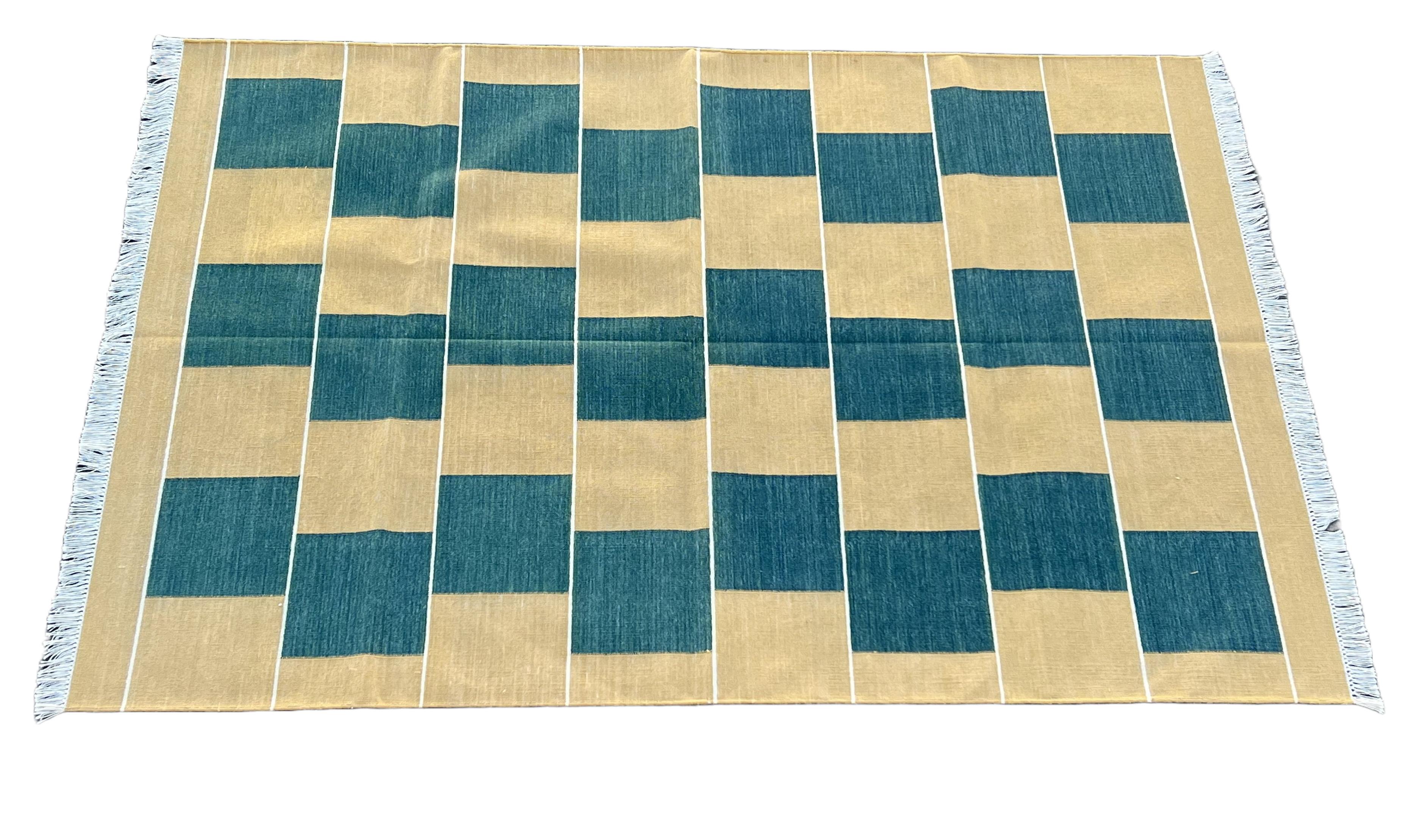 Handmade Cotton Area Flat Weave Rug, 4x6 Green And Yellow Checked Indian Dhurrie For Sale 3
