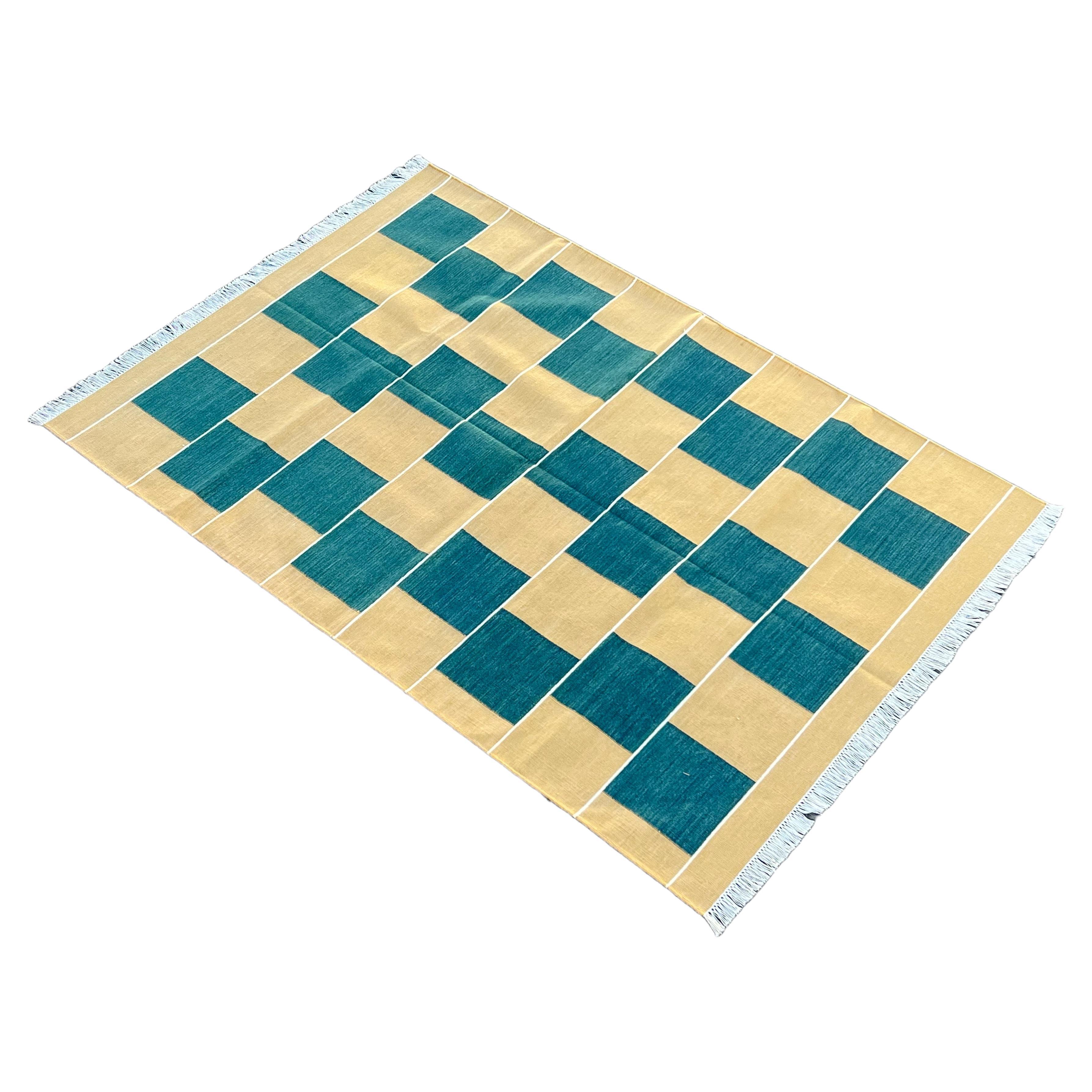 Handmade Cotton Area Flat Weave Rug, 4x6 Green And Yellow Checked Indian Dhurrie For Sale