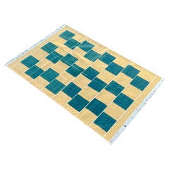 Handgefertigter Flachgewebe-Teppich aus Baumwolle, 4x6 Grüner und gelber karierter indischer Dhurrie