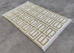 Handmade Cotton Area Flat Weave Rug, 4x6 Green & White Geometric Indian Dhurrie
