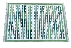 Handmade Cotton Area Flat Weave Rug, 4x6 Green, White Marianne Striped Dhurrie