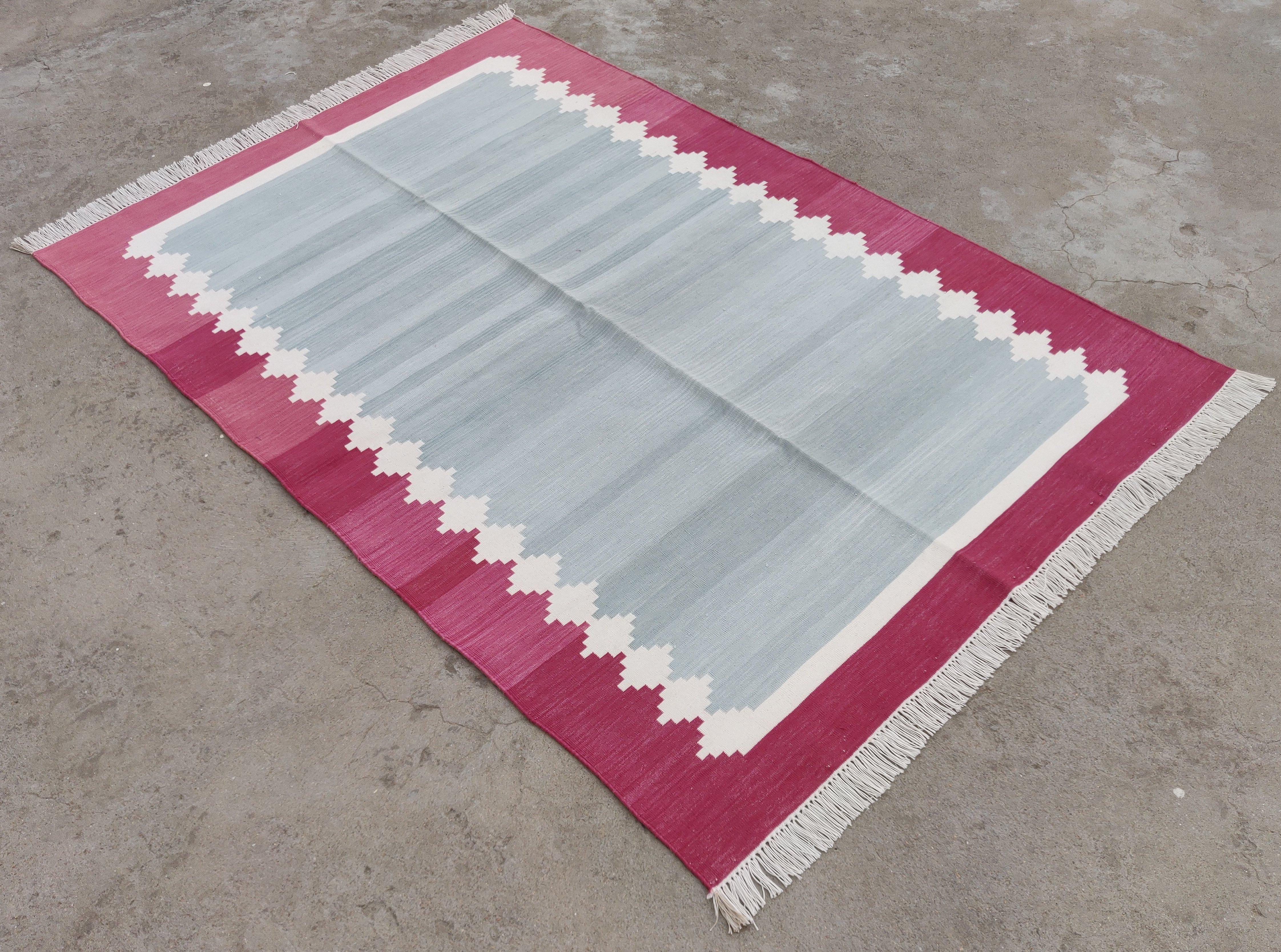 Cotton Vegetable Dyed Raspberry Grey and Raspberry Pink Star Striped Indian Dhurrie Rug-4'x6' 

These special flat-weave dhurries are hand-woven with 15 ply 100% cotton yarn. Due to the special manufacturing techniques used to create our rugs, the