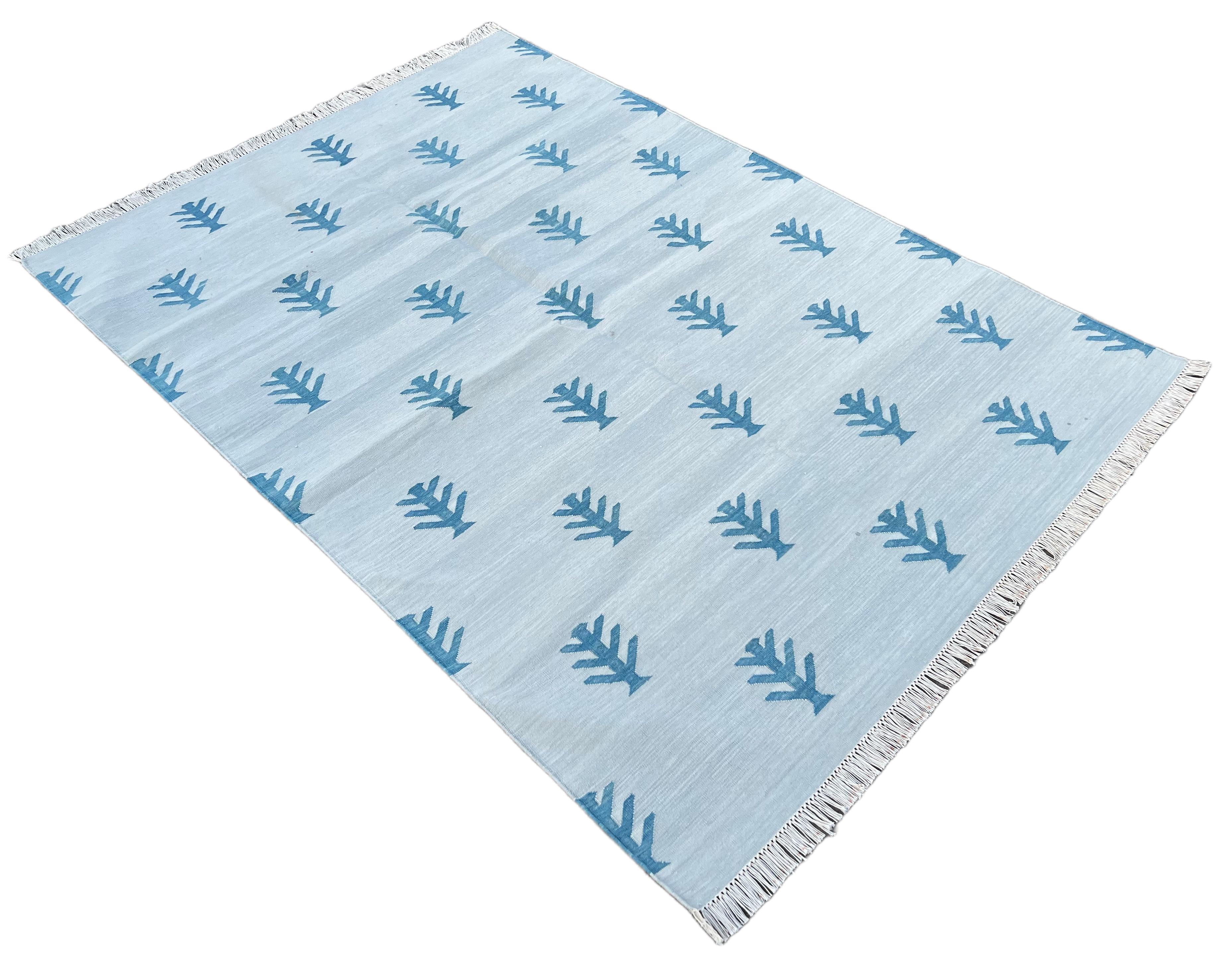 Cotton Vegetable Dyed Pale Aqua And Teal Blue Tree Patterned Indian Dhurrie Rug-4'x6' 

These special flat-weave dhurries are hand-woven with 15 ply 100% cotton yarn. Due to the special manufacturing techniques used to create our rugs, the size and