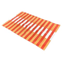 Tappeto a tessitura piatta in cotone fatto a mano, 4x6 senape, arancione a righe, indiano Dhurrie