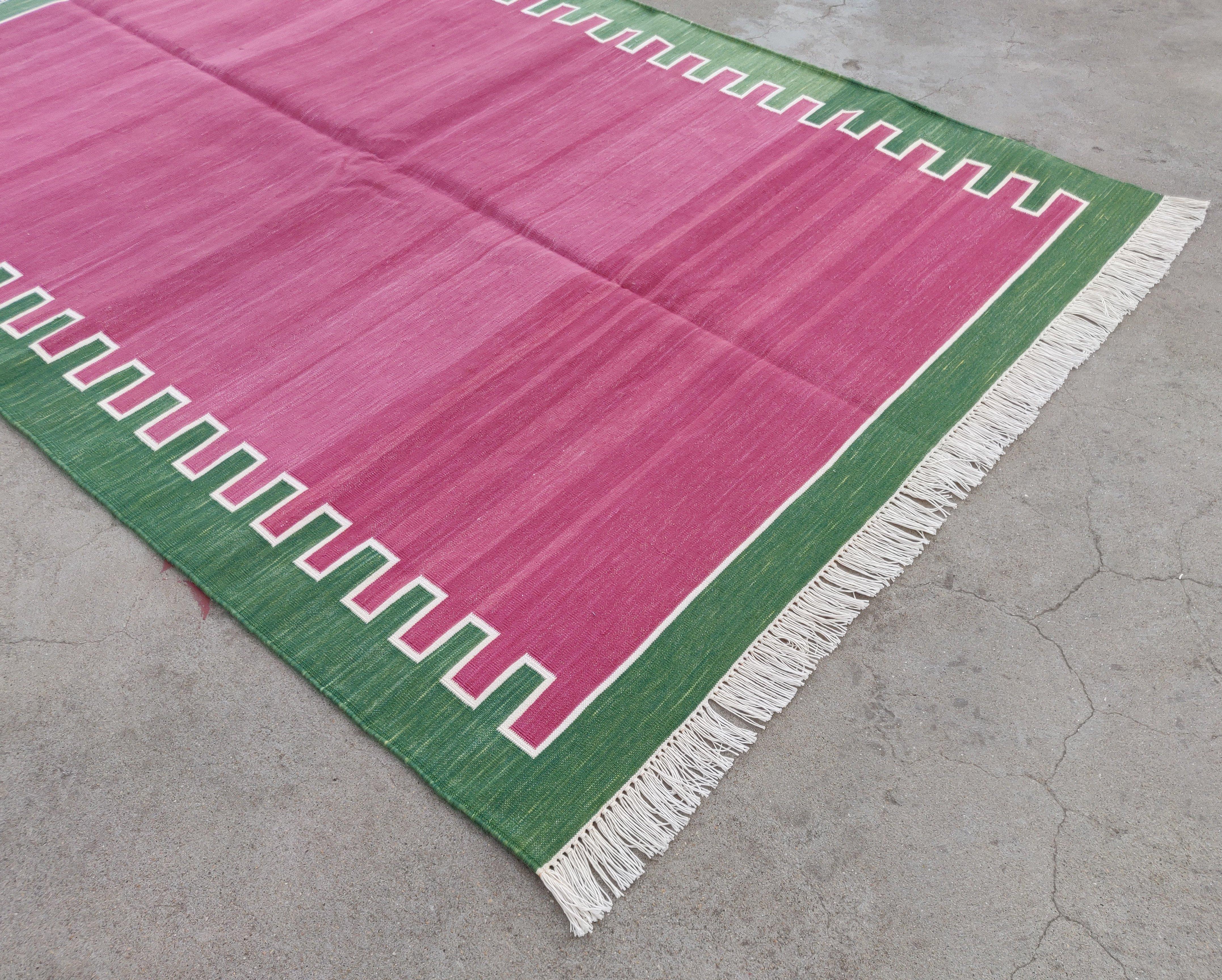 Mid-Century Modern Handmade Cotton Area Flat Weave Rug, 4x6 Pink And Green Striped Indian Dhurrie For Sale