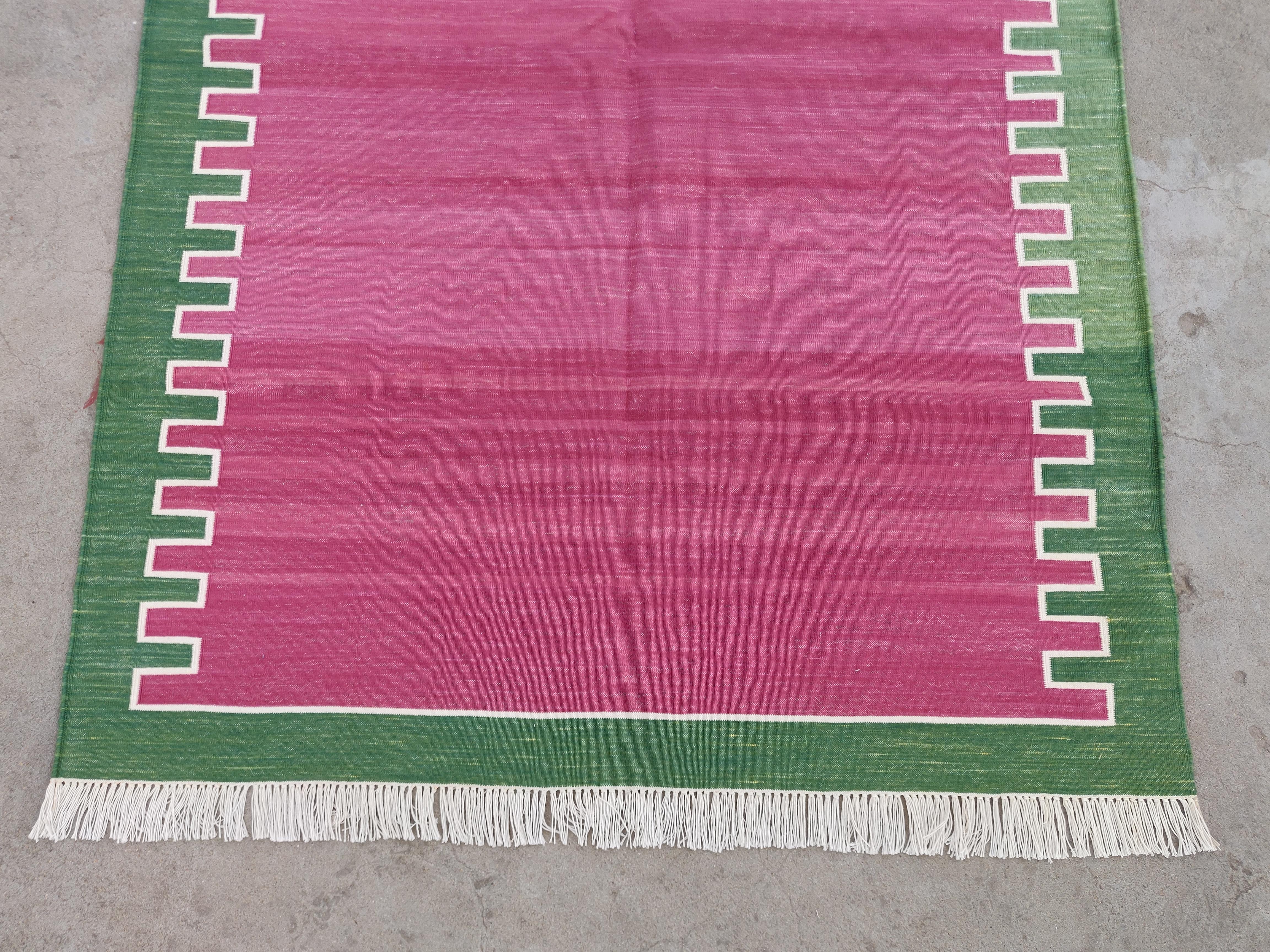 Contemporary Handmade Cotton Area Flat Weave Rug, 4x6 Pink And Green Striped Indian Dhurrie For Sale