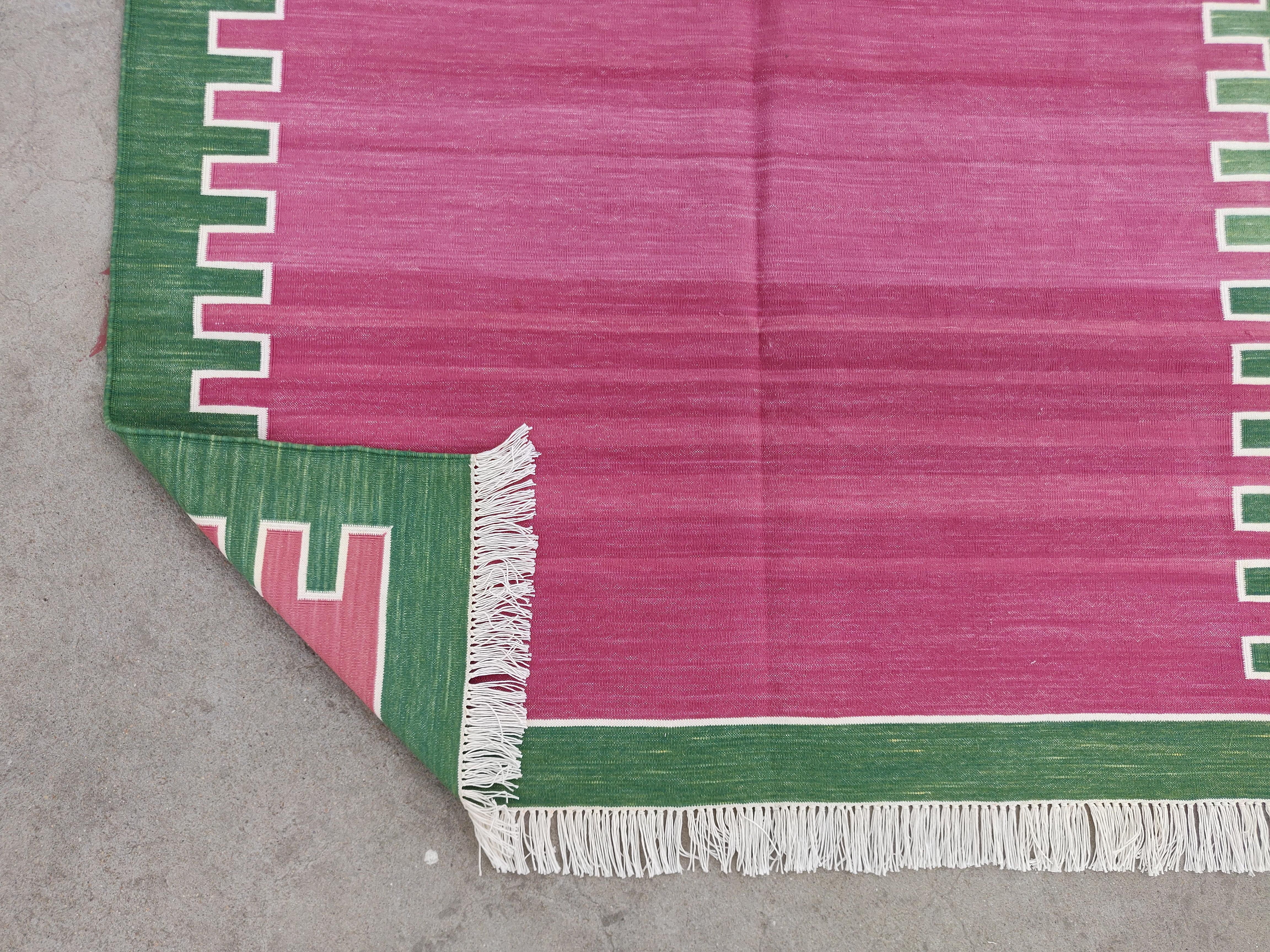 Handmade Cotton Area Flat Weave Rug, 4x6 Pink And Green Striped Indian Dhurrie For Sale 1