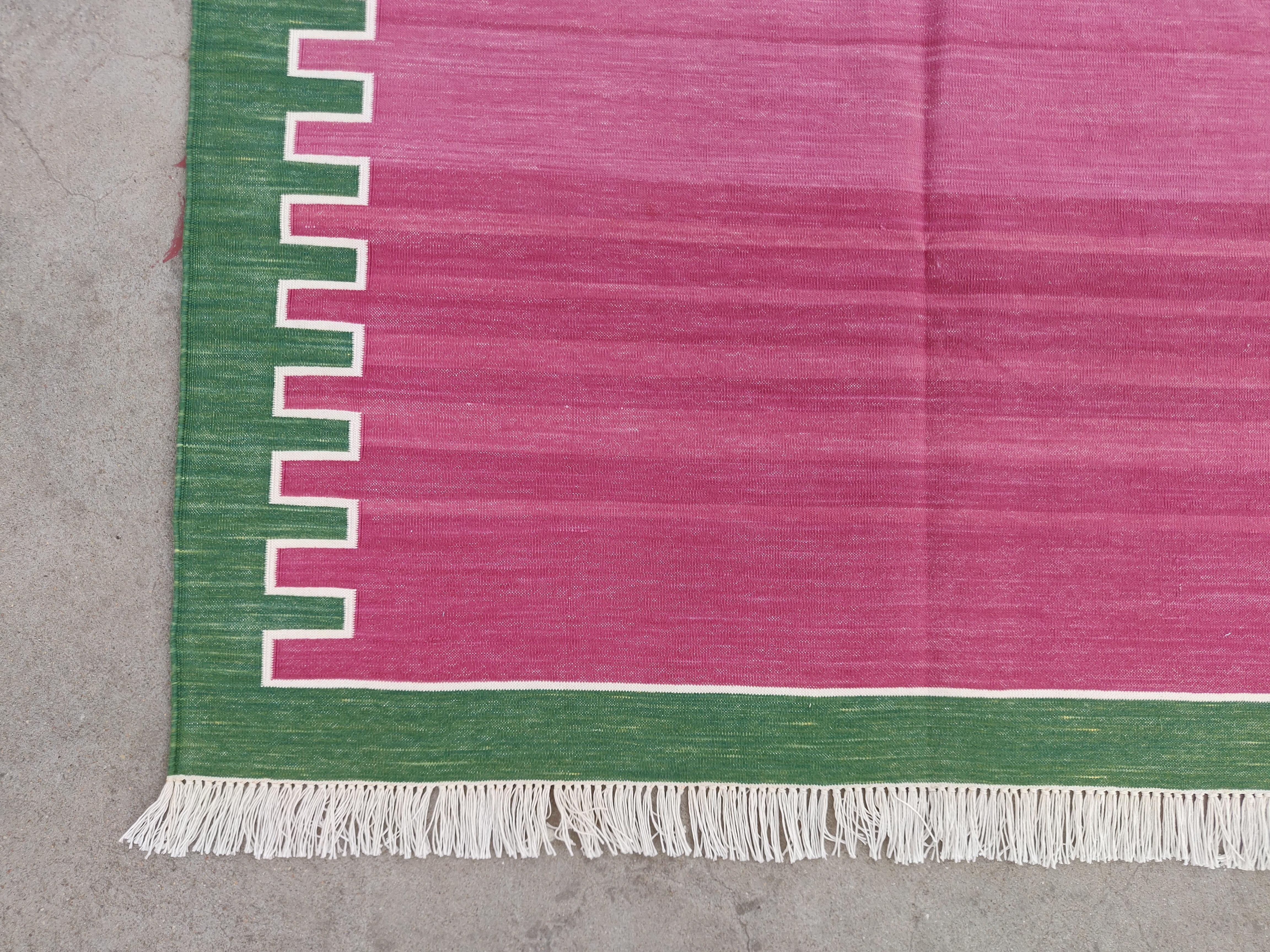 Handmade Cotton Area Flat Weave Rug, 4x6 Pink And Green Striped Indian Dhurrie For Sale 2