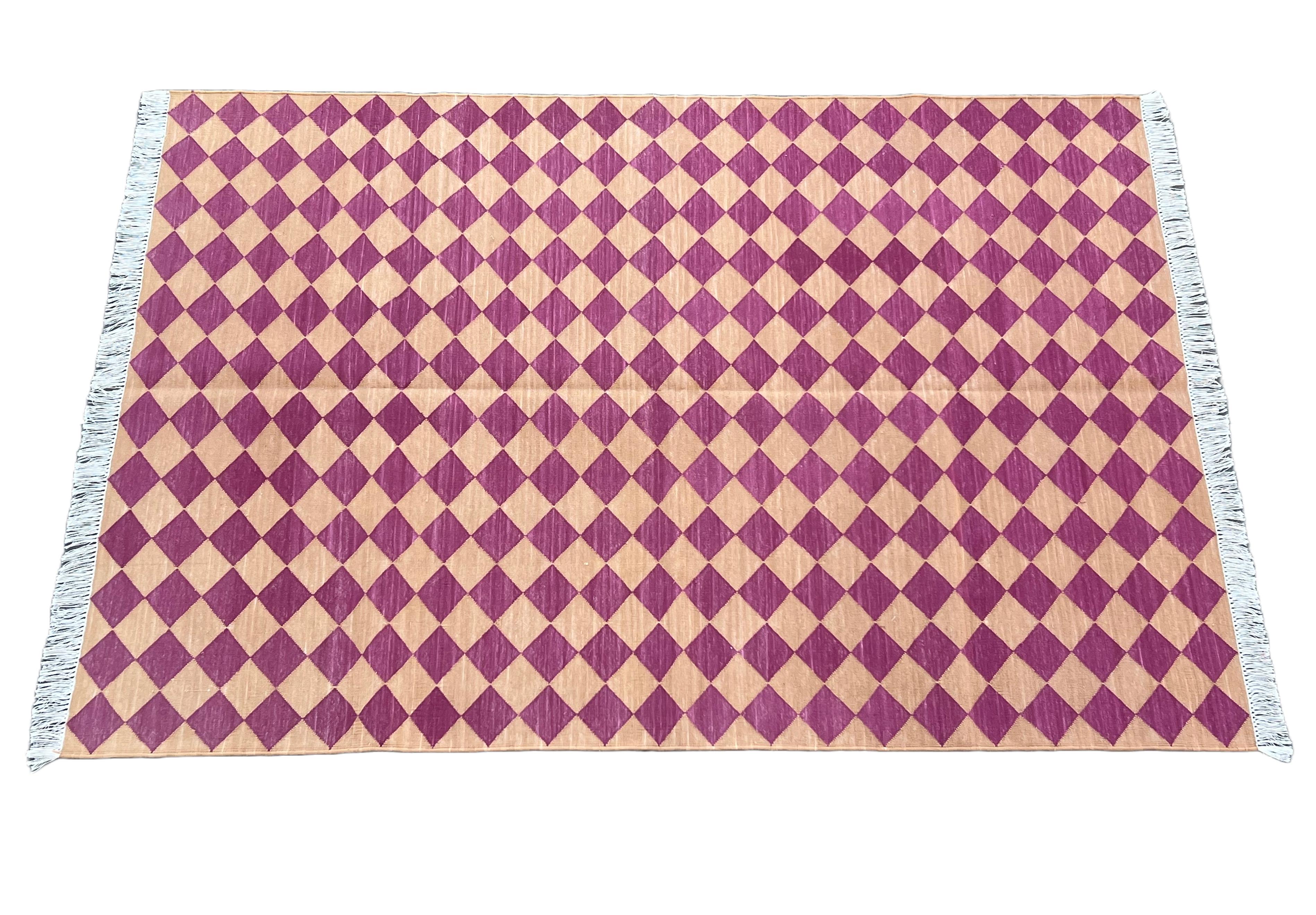 Handmade Cotton Area Flat Weave Rug, 4x6 Pink And Tan Checked Indian Dhurrie Rug For Sale 4