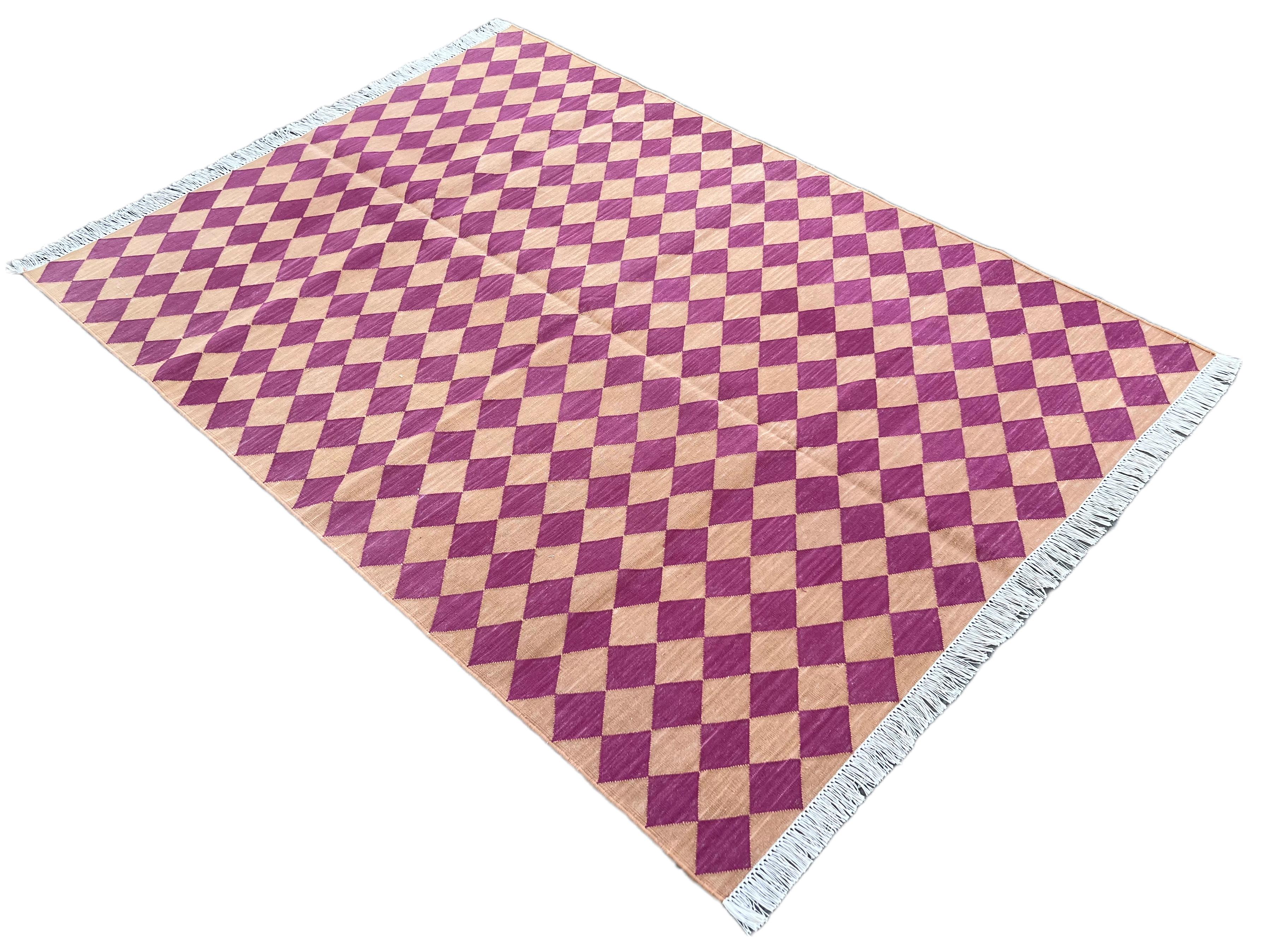 Cotton Vegetable Dyed Raspberry Pink And Tan Checked Indian Rug-4'x6'

These special flat-weave dhurries are hand-woven with 15 ply 100% cotton yarn. Due to the special manufacturing techniques used to create our rugs, the size and color of each