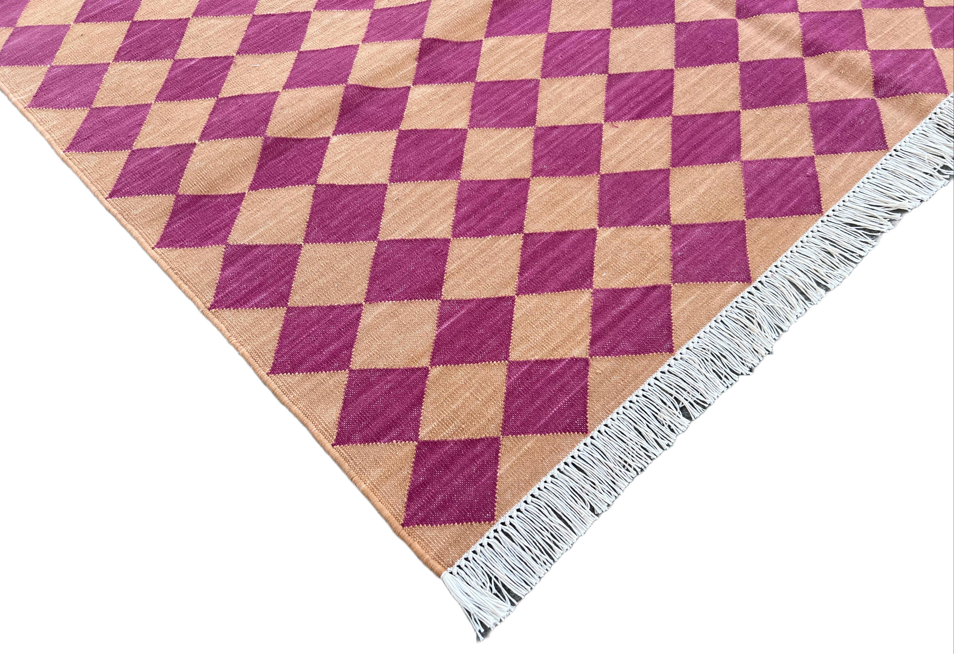 Mid-Century Modern Handmade Cotton Area Flat Weave Rug, 4x6 Pink And Tan Checked Indian Dhurrie Rug For Sale